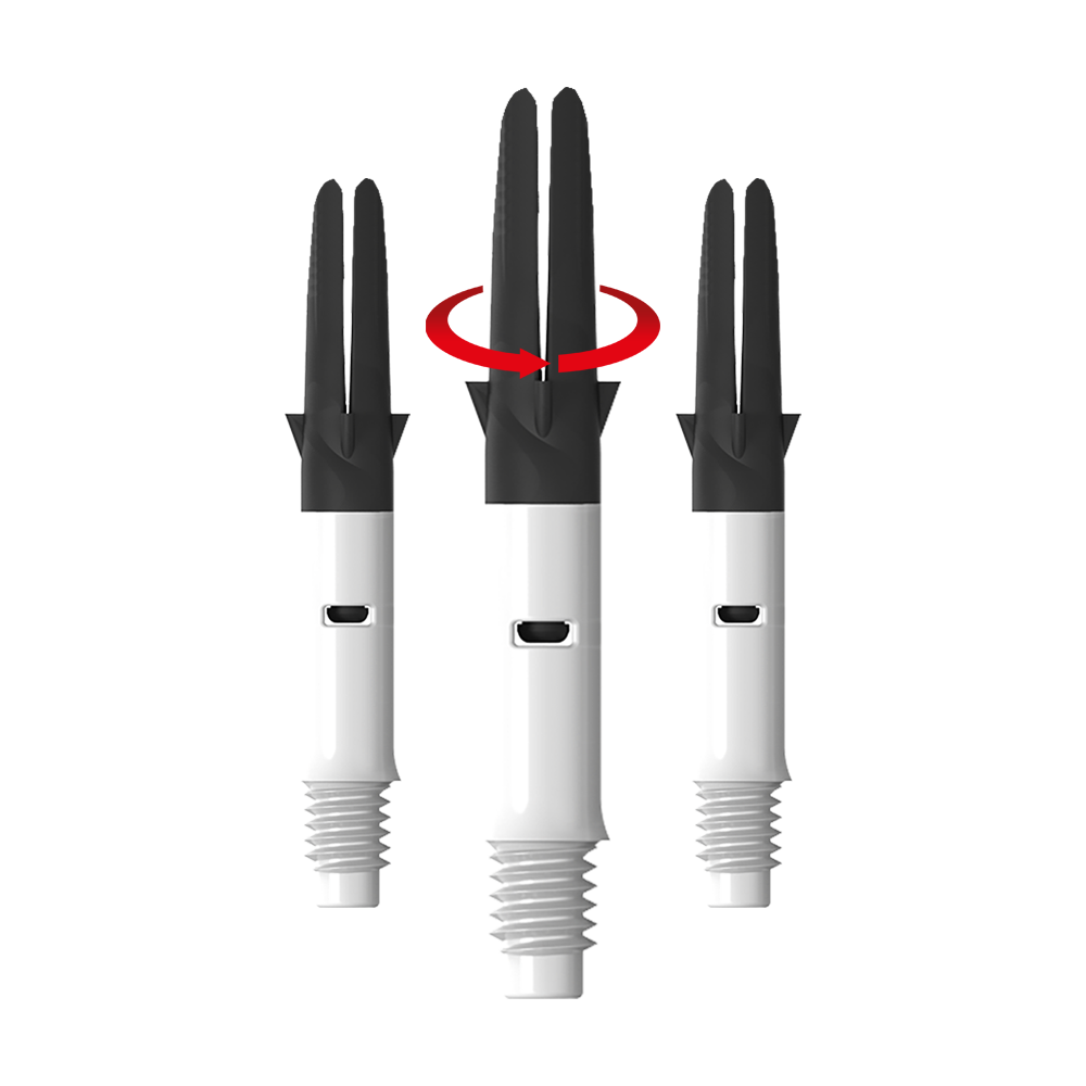 Das Bild zeigt drei weiße und schwarze Dartshafts nebeneinander. Über dem mittleren Shaft ist ein roter Pfeil, der eine Drehbewegung anzeigt.