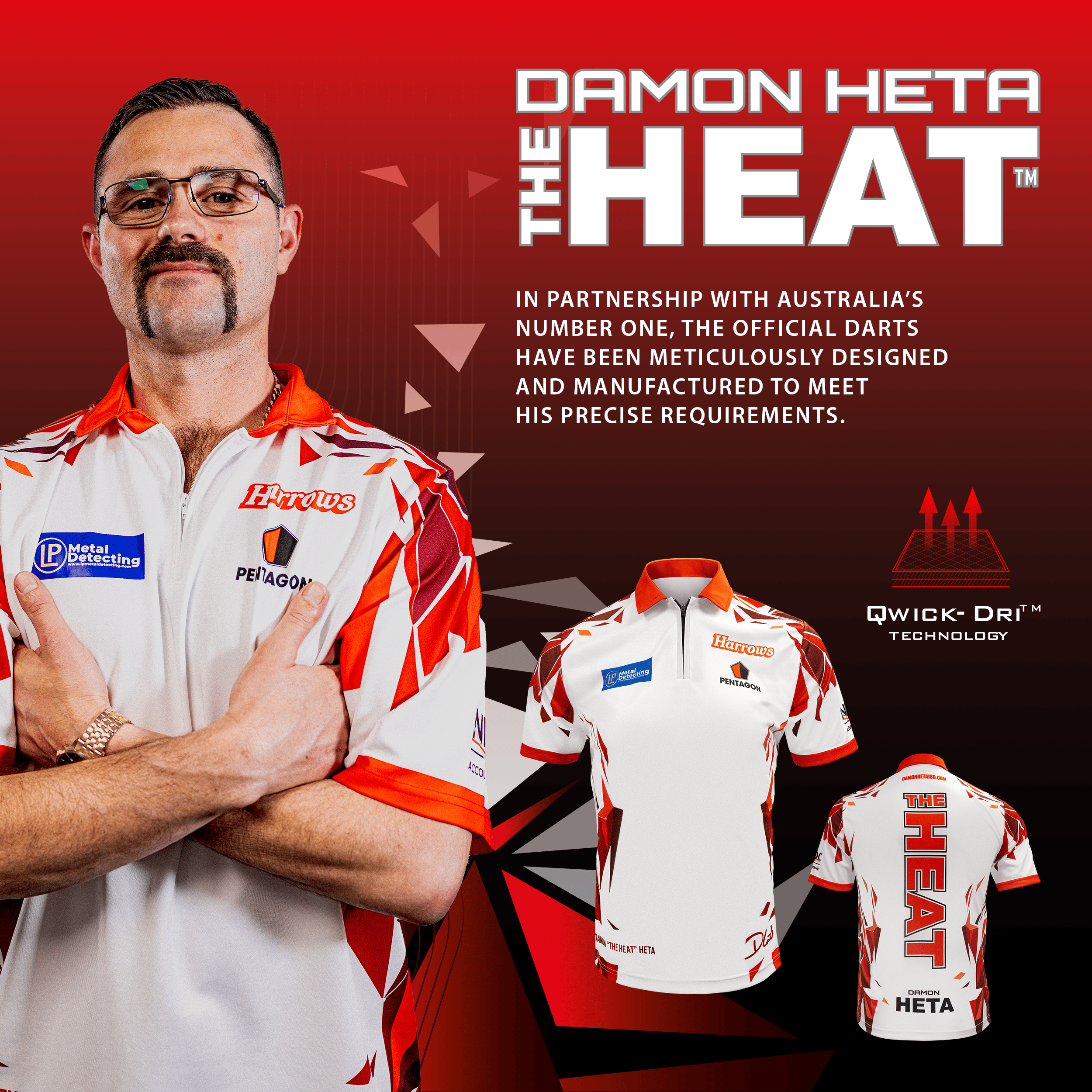 Harrows Damon Heta Playershirt Das Bild zeigt das Harrows Damon Heta Playershirt. Es handelt sich um ein original Dartspielertrikot.
