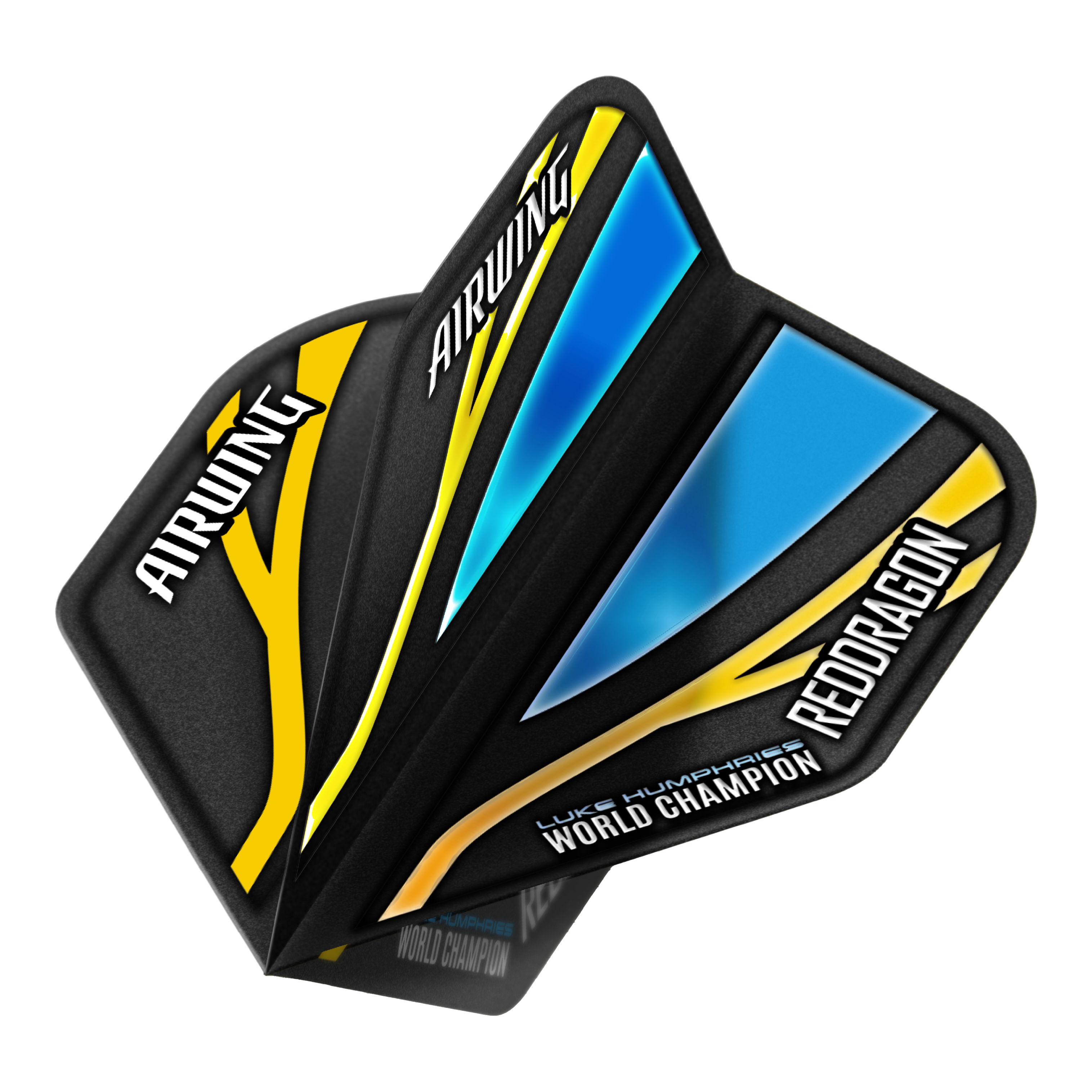 Das Bild zeigt die Red Dragon Airwing Luke Humphries World Champion Black Blue Standard Flights. Die Flights sind schwarz mit blauen und gelben Akzenten und tragen die Aufschriften "AIRWING", "RED DRAGON" und "WORLD CHAMPION".