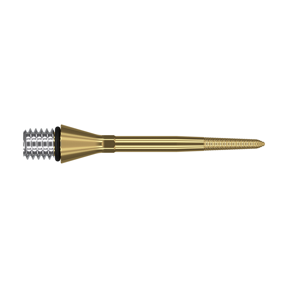 Das Bild zeigt eine goldfarbene Dartspitze mit Schraubgewinde am linken Ende. Die Spitze ist schlank und hat feine Rillen am rechten Ende für besseren Halt.