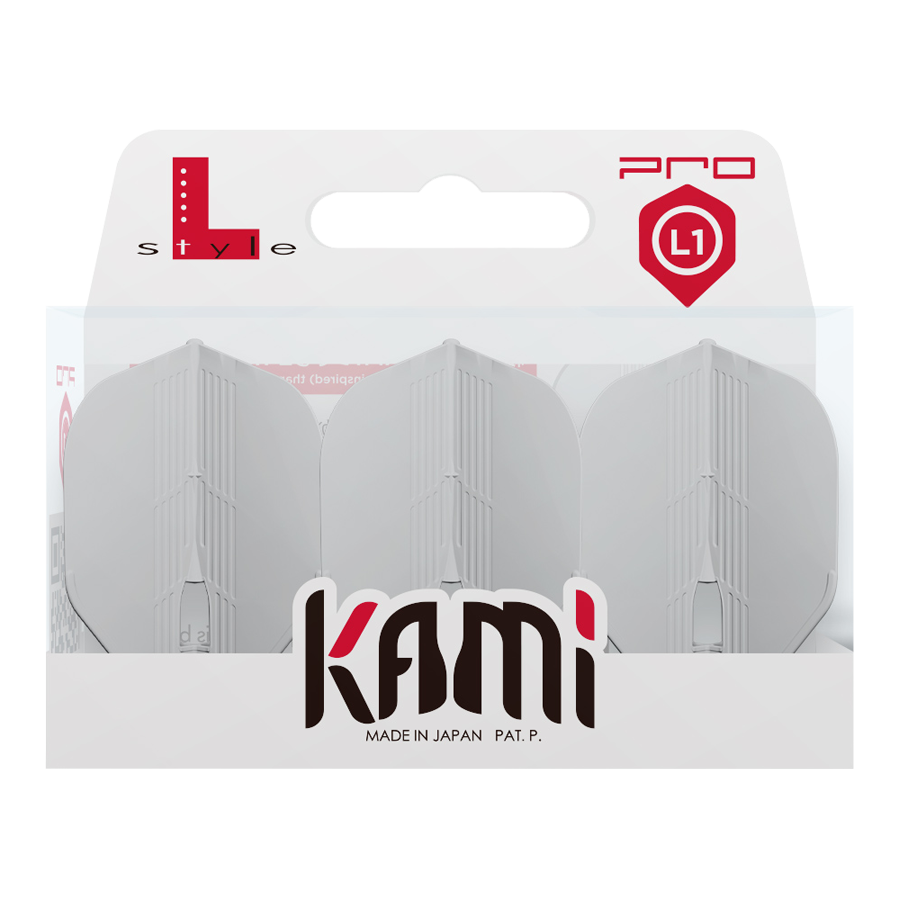 Das Bild zeigt eine Verpackung mit drei weißen Dartflights der Marke Kami. Auf der Verpackung stehen "L-Style", "PRO" und "Made in Japan".