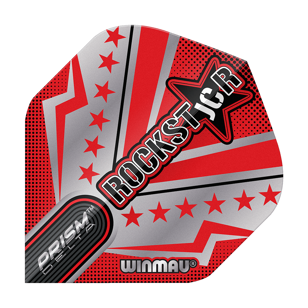 Das Bild zeigt ein Dartflight mit auffälligem roten und silbernen Design und mehreren Sternen. In der Mitte steht groß das Wort „ROCKSTAR“ neben einem Stern, darunter befinden sich die Markenaufschriften „PRISM DELTA“ und „WINMAU“.