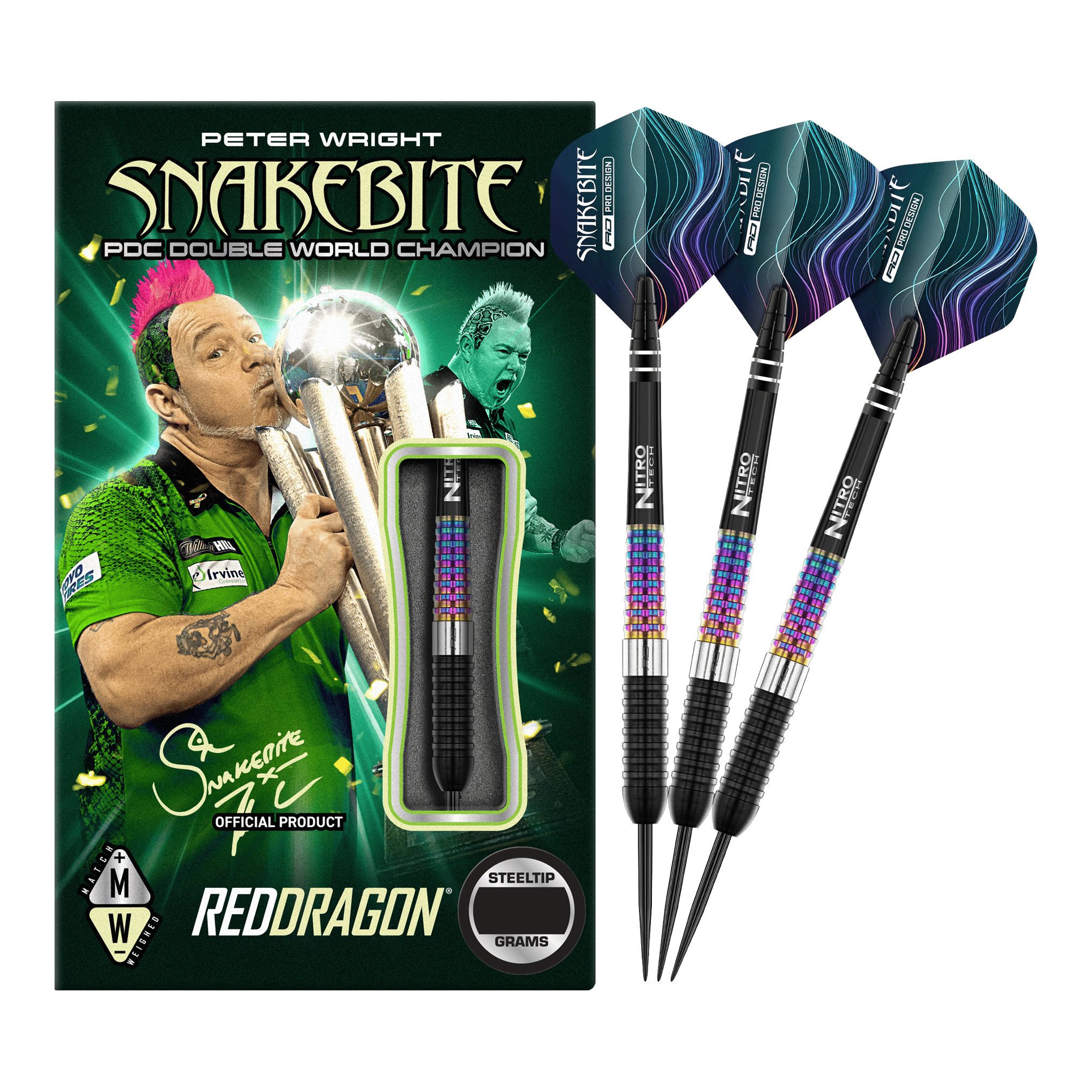 Die Abbildung zeigt die Red Dragon Peter Wright Corra Steeldarts mit bunter Verpackung. Drei Steeldarts mit farbenfrohem Schaft und schwarzen Spitzen sind neben der Verpackung zu sehen.