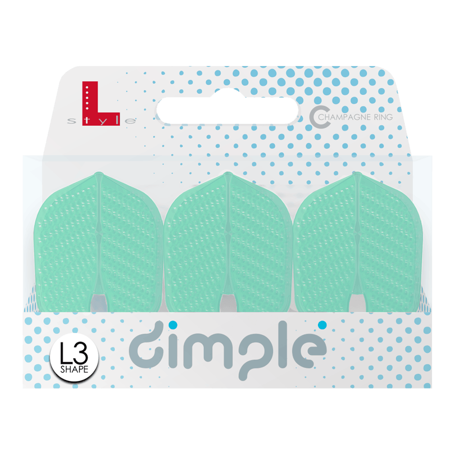 Auf dem Bild ist eine Verpackung mit drei mintgrünen Darts-Flights der Marke "L-Style" zu sehen. Das Modell heißt "Dimple Champagne L3PRO Shape" und ist vorne mit blauen Punkten verziert.