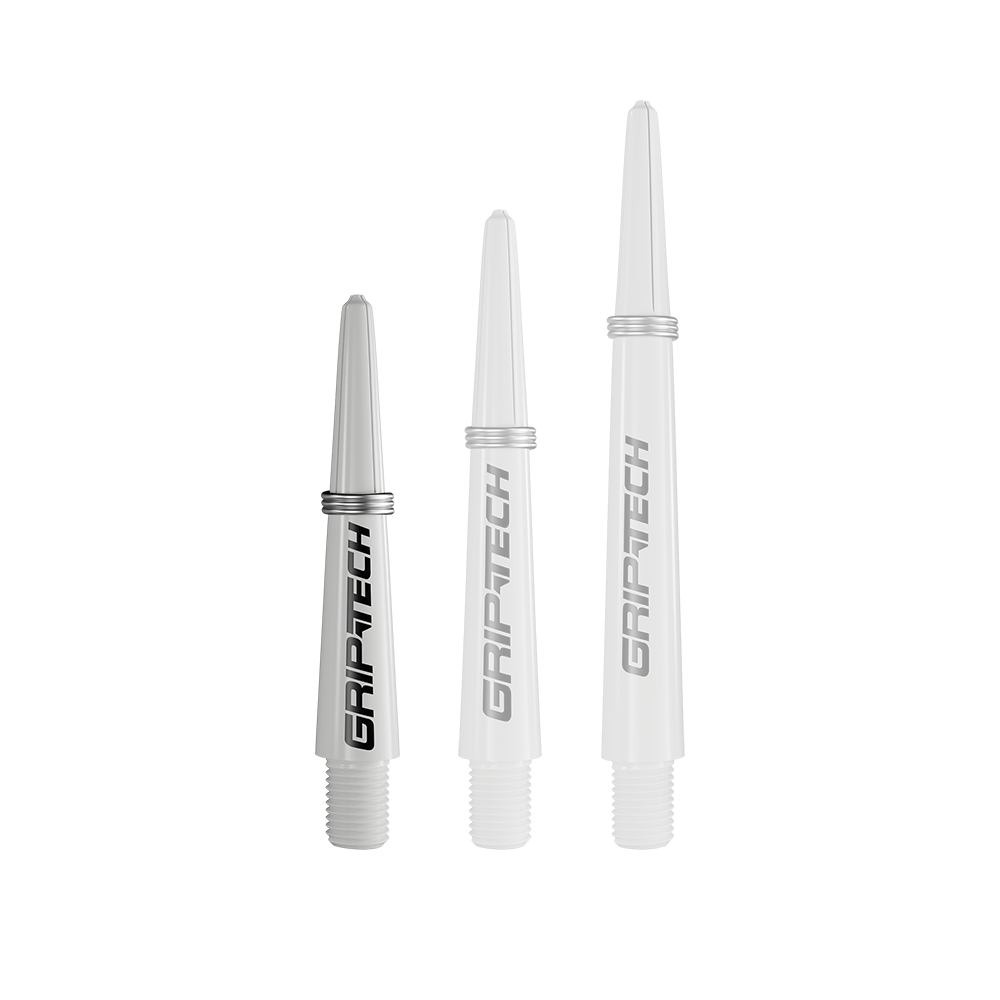 GOAT Griptech Shafts - Weiß Das Bild zeigt drei silberne Dartschäfte in verschiedenen Längen. Auf jedem Schaft steht das Wort "GRIPTECH".