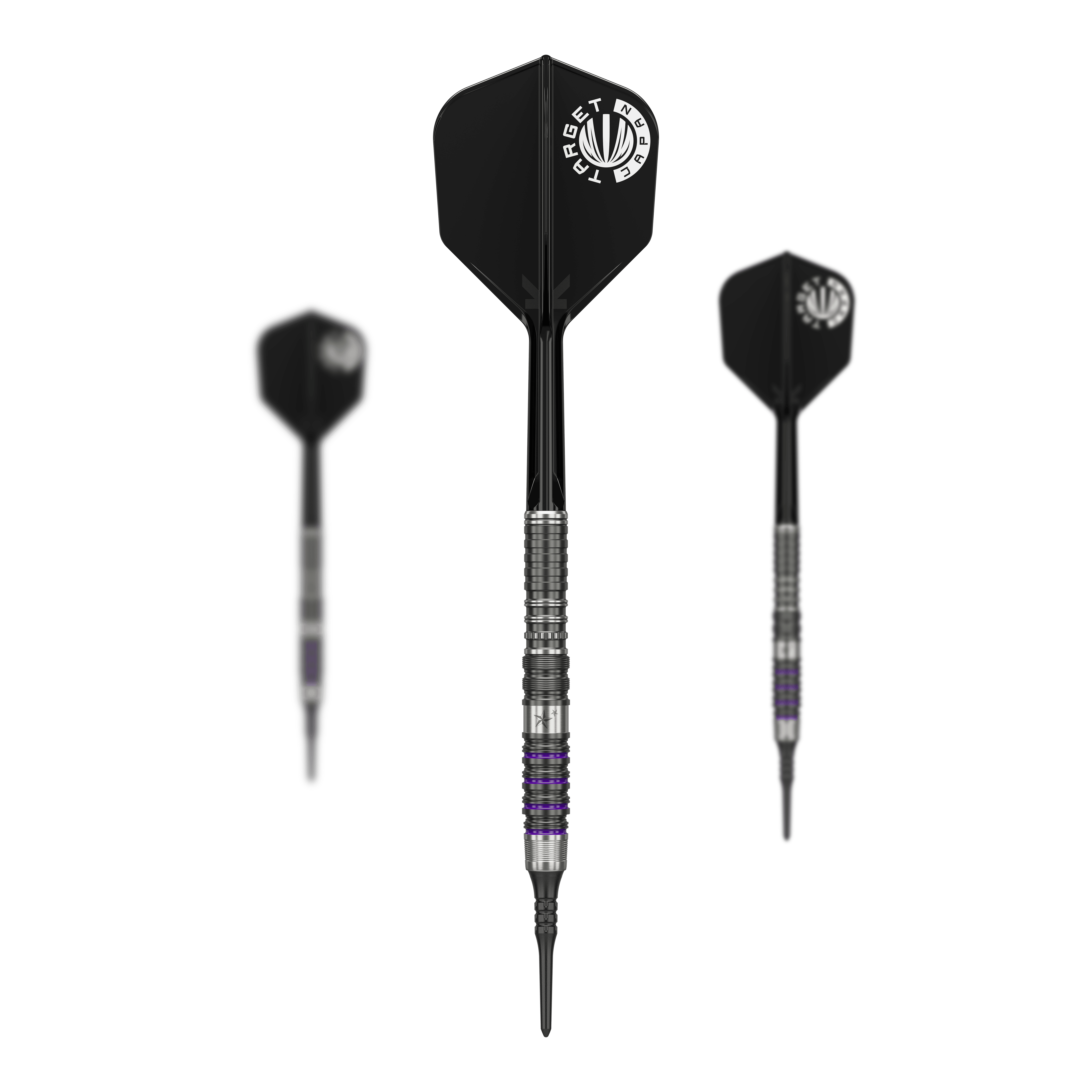 Das Bild zeigt drei Softdarts aus der Serie "Target Japan Prime Series Yuta Hayashi Sirius GEN3 MAX" mit einem Gewicht von 21,5g. Die Darts haben schwarze Flights mit weißem Aufdruck und einen silbernen, detailliert gearbeiteten Barrel.