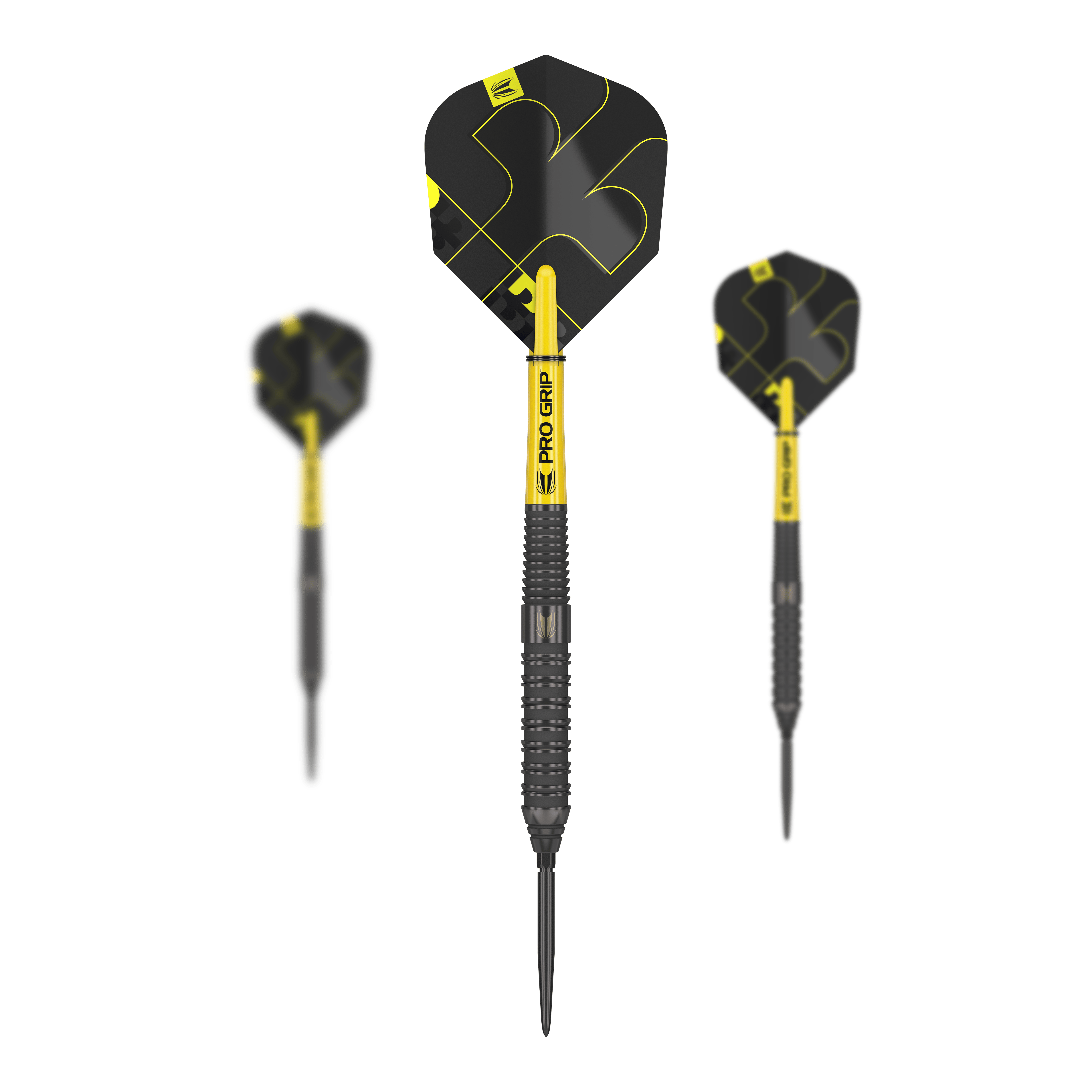 Auf dem Bild sind drei Steeldarts des Modells "Target Bolide Void 02 Swiss Point" zu sehen. Die Darts sind schwarz-gelb und haben eine strukturierte Griffzone sowie auffällige Flights.