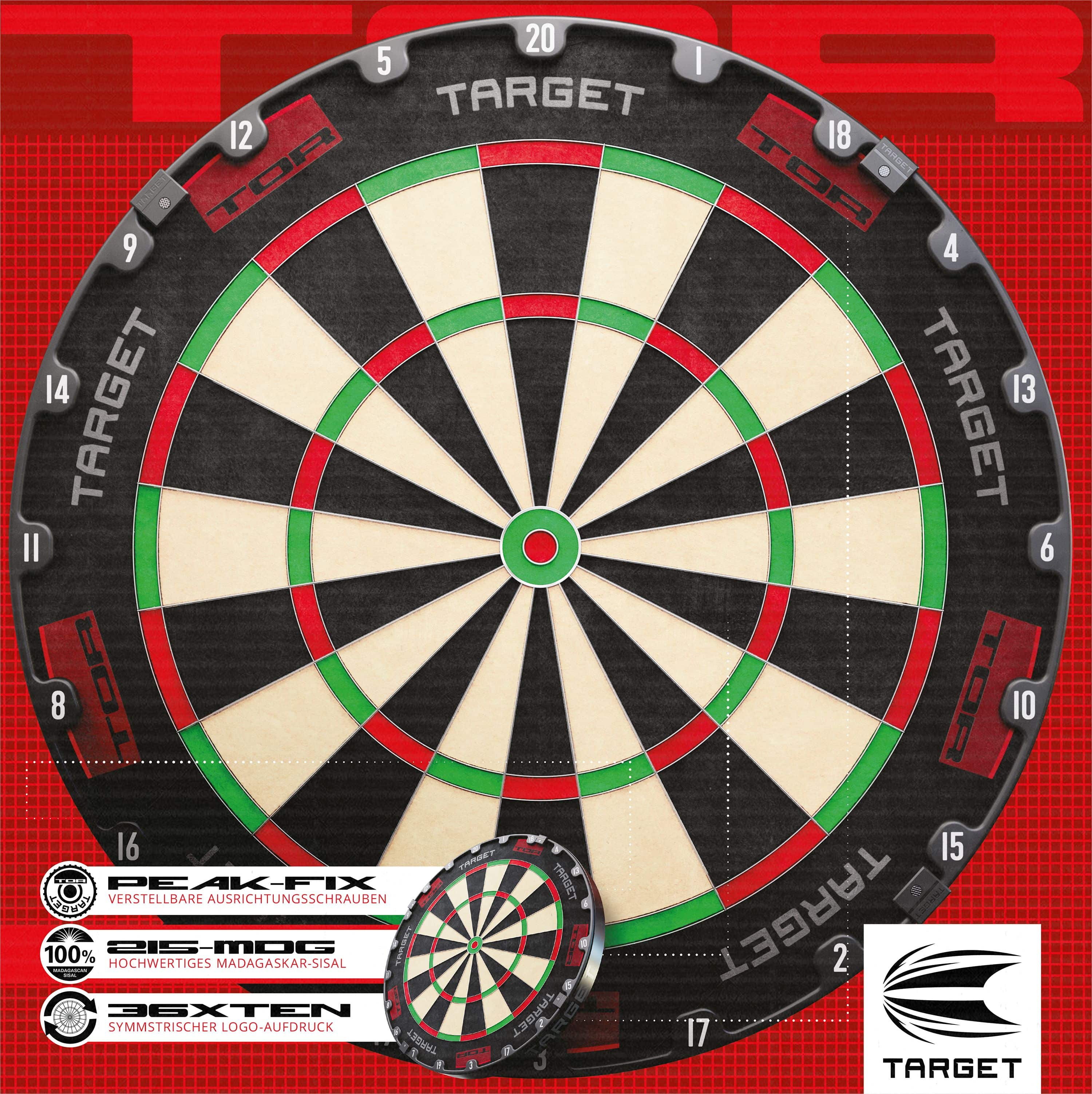 Target TOR Steeldartboard Target TOR Steeldartboard ist als klassisches Dartboard zu sehen. Die Zahlen und Segmente sind klar sichtbar.
