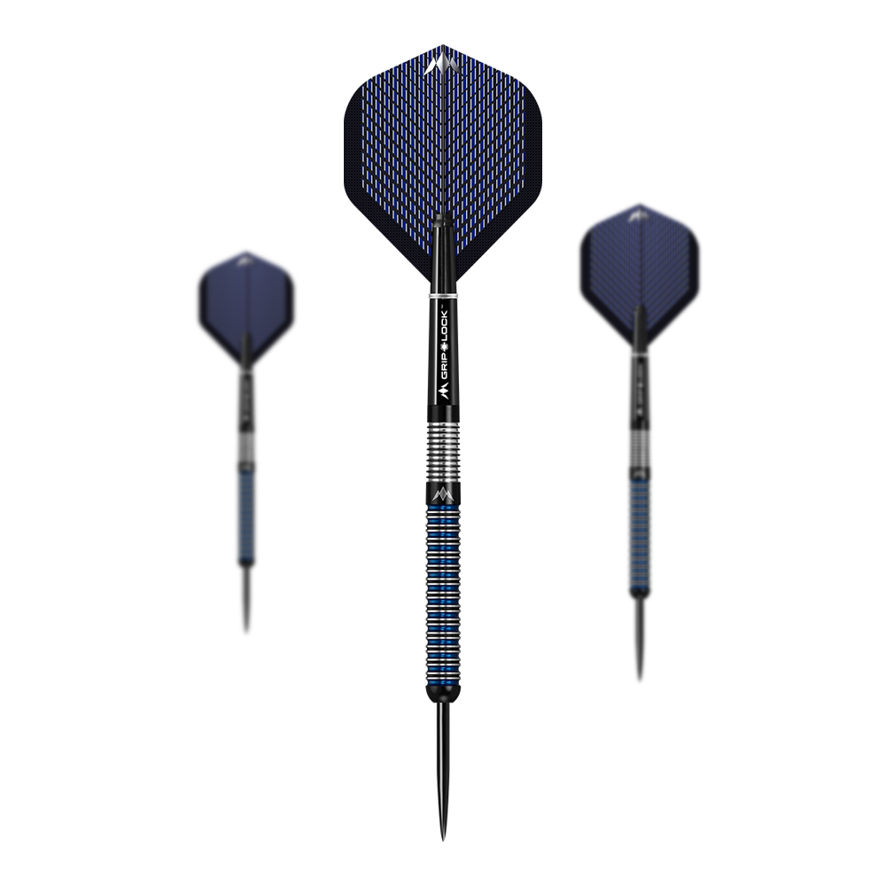 Mission Nightfall Model 1 Steeldarts Das Bild zeigt drei Steeldarts des Modells "Mission Nightfall Model 1". Die Darts haben blaue Flügel und einen geriffelten, silber-blauen Schaft.