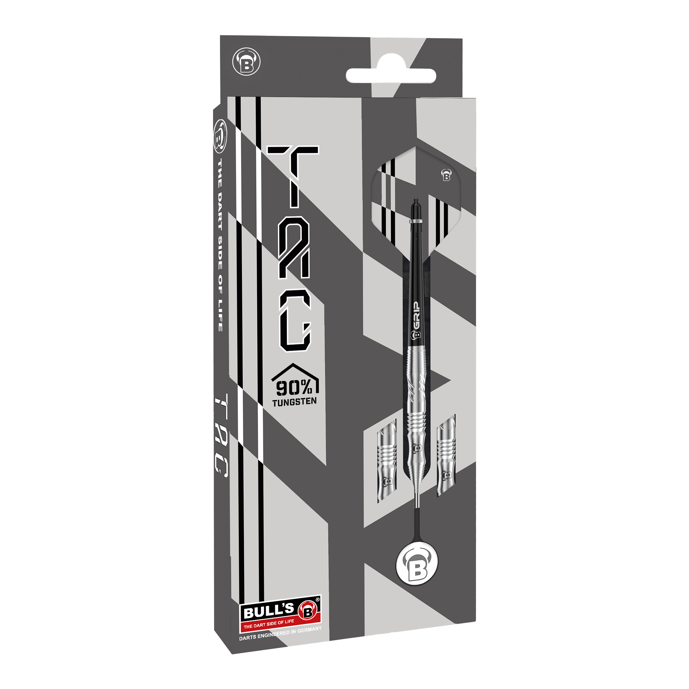 Die Abbildung zeigt die Verpackung der "Bulls Tac T1 Steeldarts". Auf der Vorderseite ist zu sehen, dass die Darts zu 90% aus Tungsten bestehen.