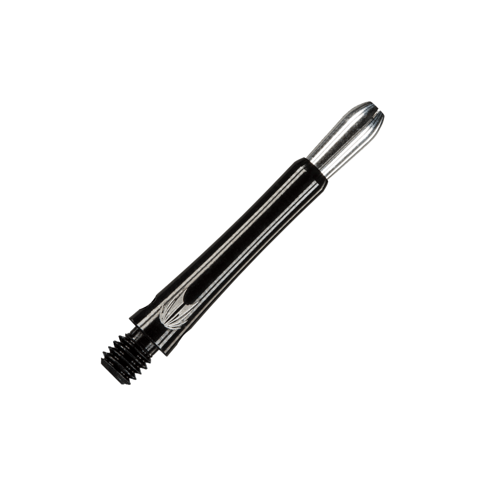 146230_Target_Grip_Style_Aluminium_Shafts_Schwarz_348mm_2 Das Bild zeigt einen schwarzen Aluminium-Dartschaft mit silbernem Spitzenende. Der Schaft hat ein Schraubgewinde am unteren Ende.