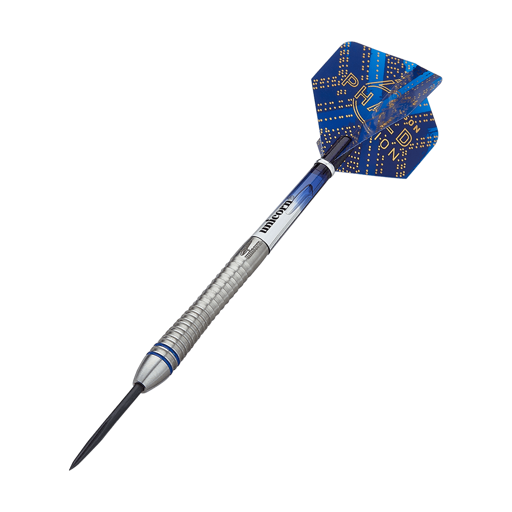 Das Bild zeigt einen Unicorn Phase 6 World Champion Gary Anderson Steeldart. Der Dart hat eine silberne, gerillte Spitze und blaue Flights mit goldenen Akzenten.