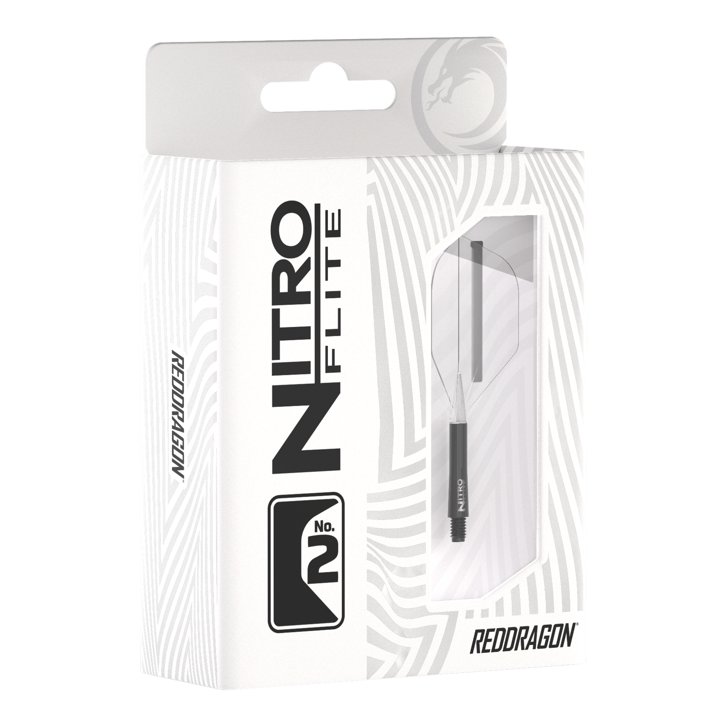 Die Abbildung zeigt die Verpackung des Produkts „Red Dragon Nitroflite - Black Shaft Clear No2 Flights“. Die Verpackung ist überwiegend weiß mit schwarzen Aufdrucken und einer Sichtöffnung, durch die das Produkt zu sehen ist.