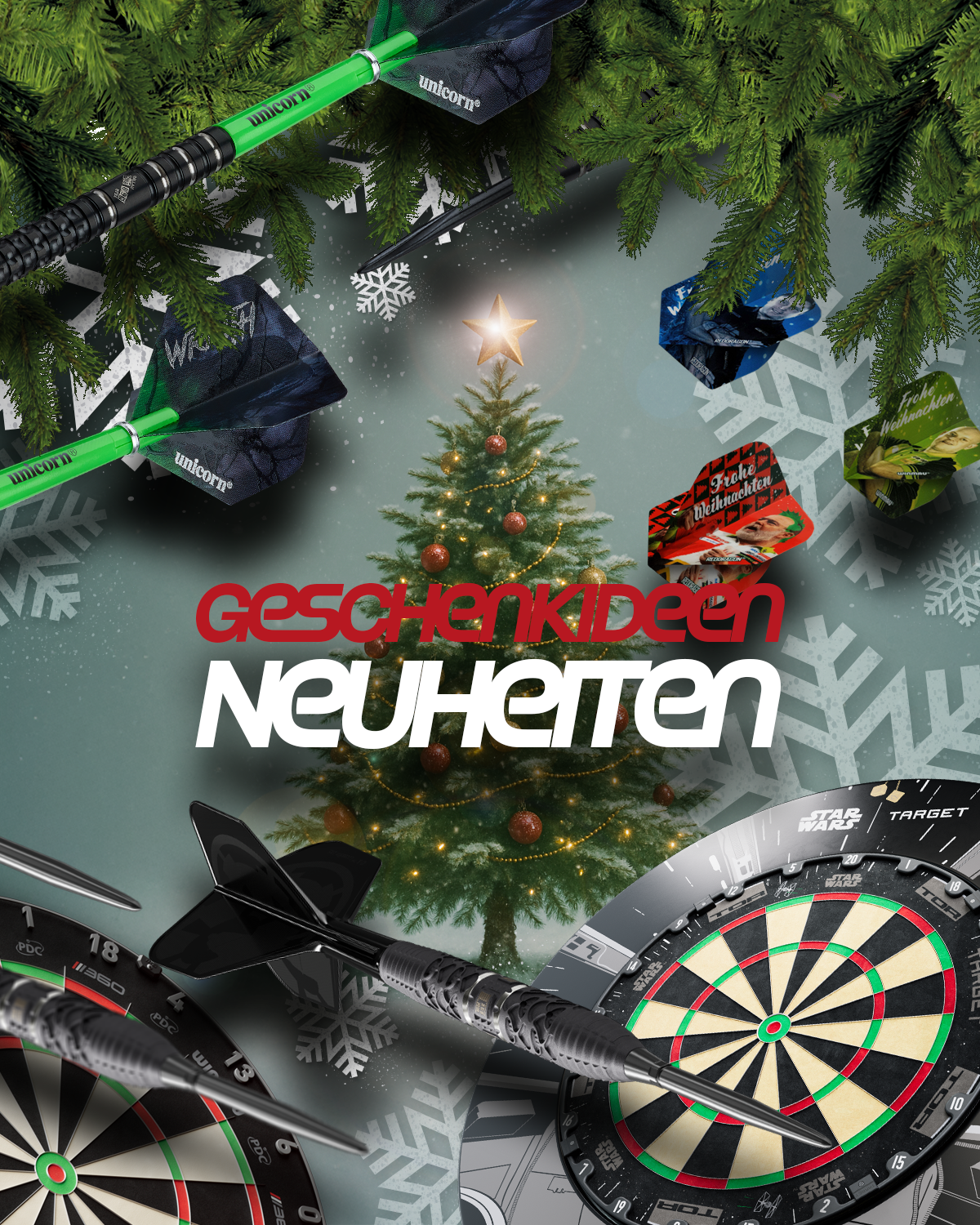 Das Bild stellt neue Geschenkideen für Dart-Fans dar. Mehrere neue Produkte werden gemeinsam präsentiert.