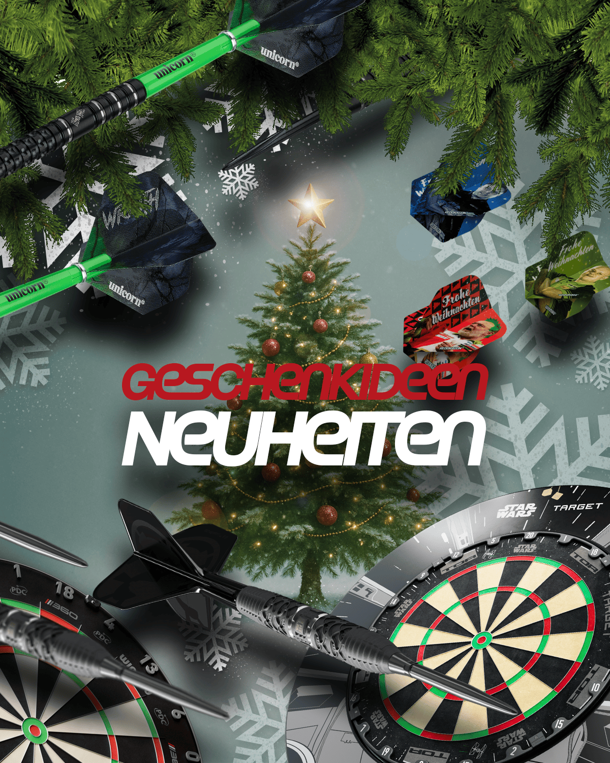 Das Bild stellt neue Geschenkideen für Dart-Fans dar. Mehrere neue Produkte werden gemeinsam präsentiert.
