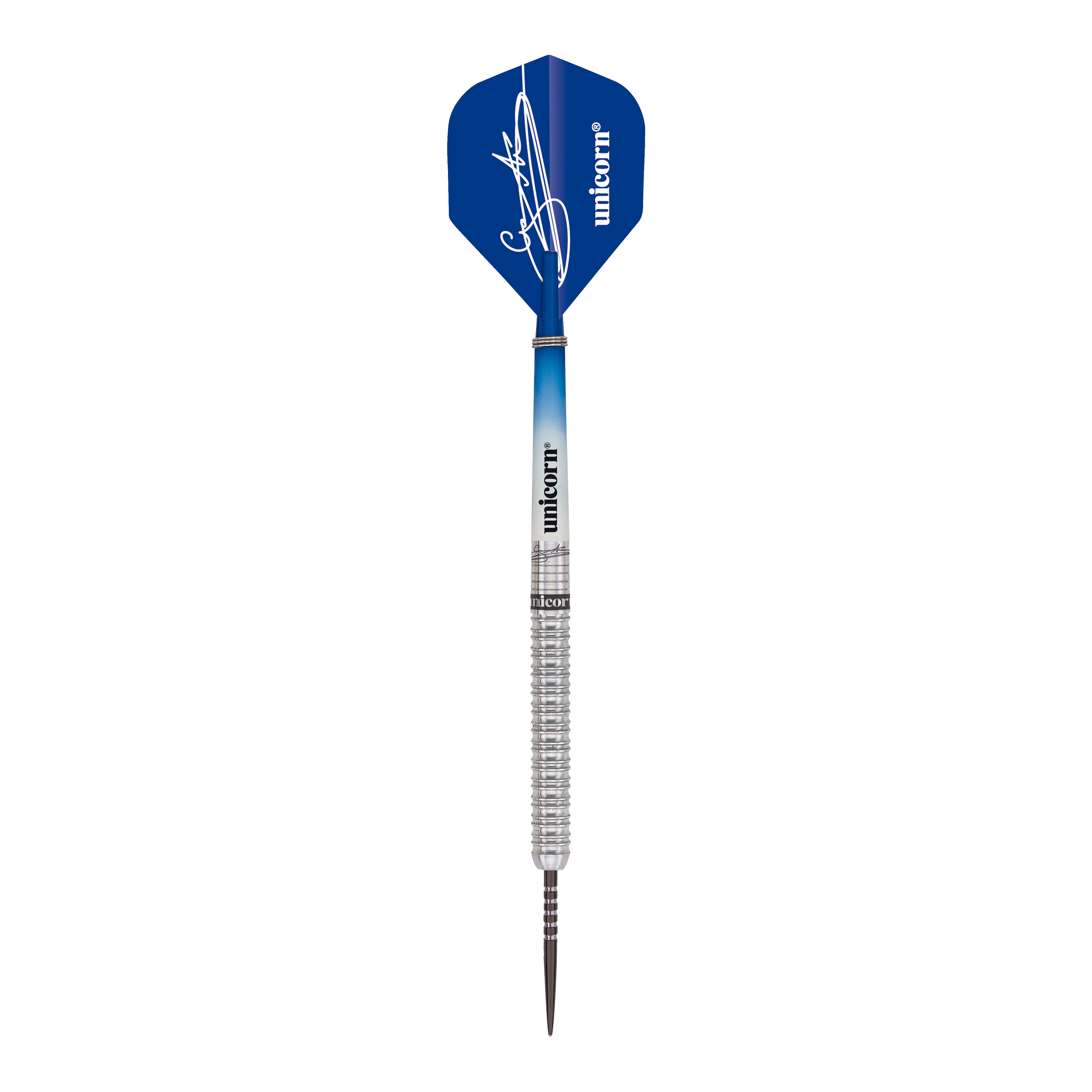 Das Bild zeigt einen Unicorn Gary Anderson 10 Year Commemoration Limited Edition Steeldart mit 23g. Der Dart hat eine blaue Flight mit Unterschrift und einen silbernen, geriffelten Schaft.