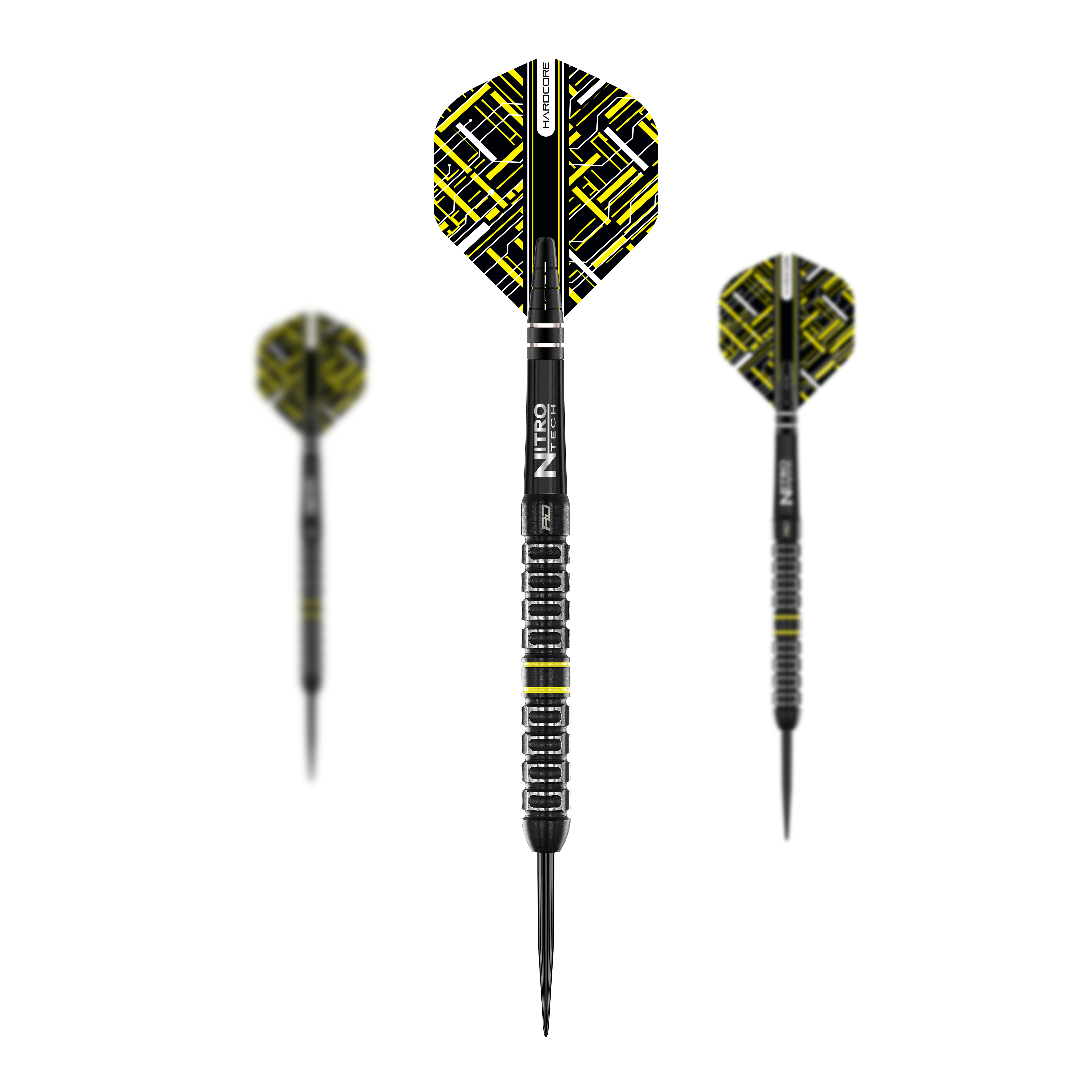 Das Bild zeigt die Red Dragon Astraeus Q4X Parallel Steeldarts. Die Darts haben ein schwarzes Design mit gelben und weißen Akzenten auf den Flights.