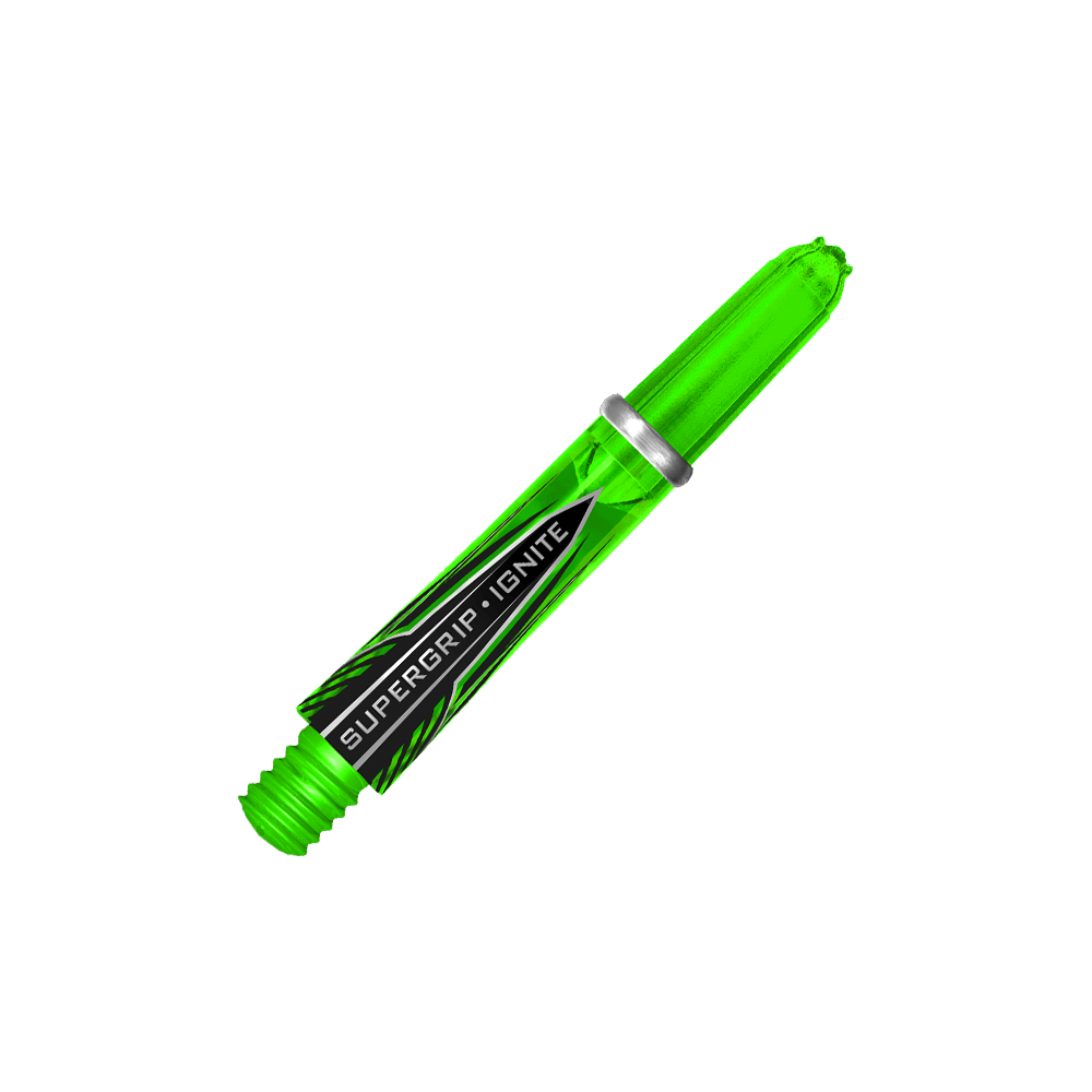 Das Bild zeigt einen grünen Harrows Supergrip Ignite Shaft für Darts. Auf dem Schaft steht der Schriftzug "SUPERGRIP IGNITE".