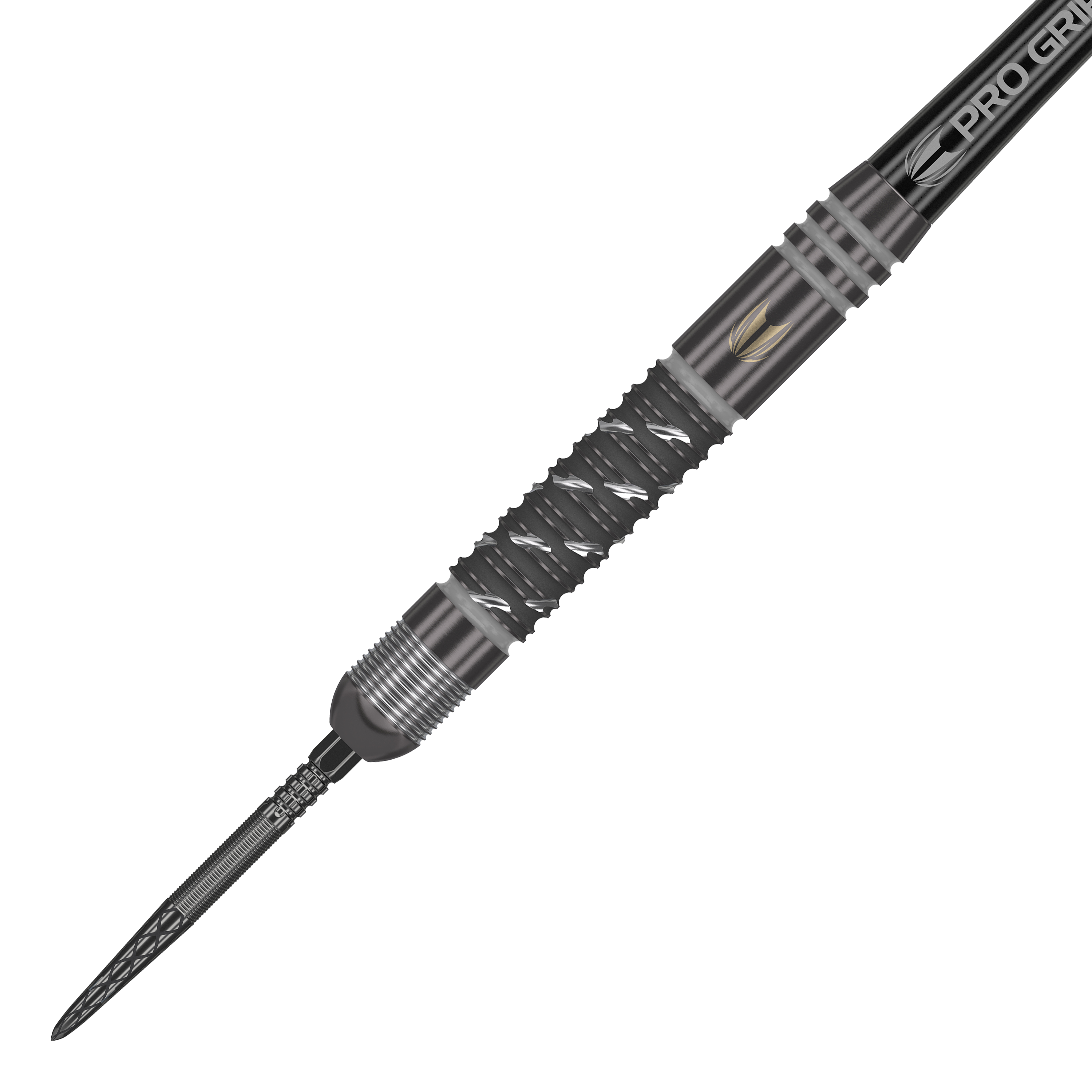 Auf dem Bild ist ein Target Dimitri Van Den Bergh X Echo Swiss Point Steeldart zu sehen. Der Dart hat ein modernes, schwarzes Design mit silbernen Akzenten und einer strukturierten Griffzone.