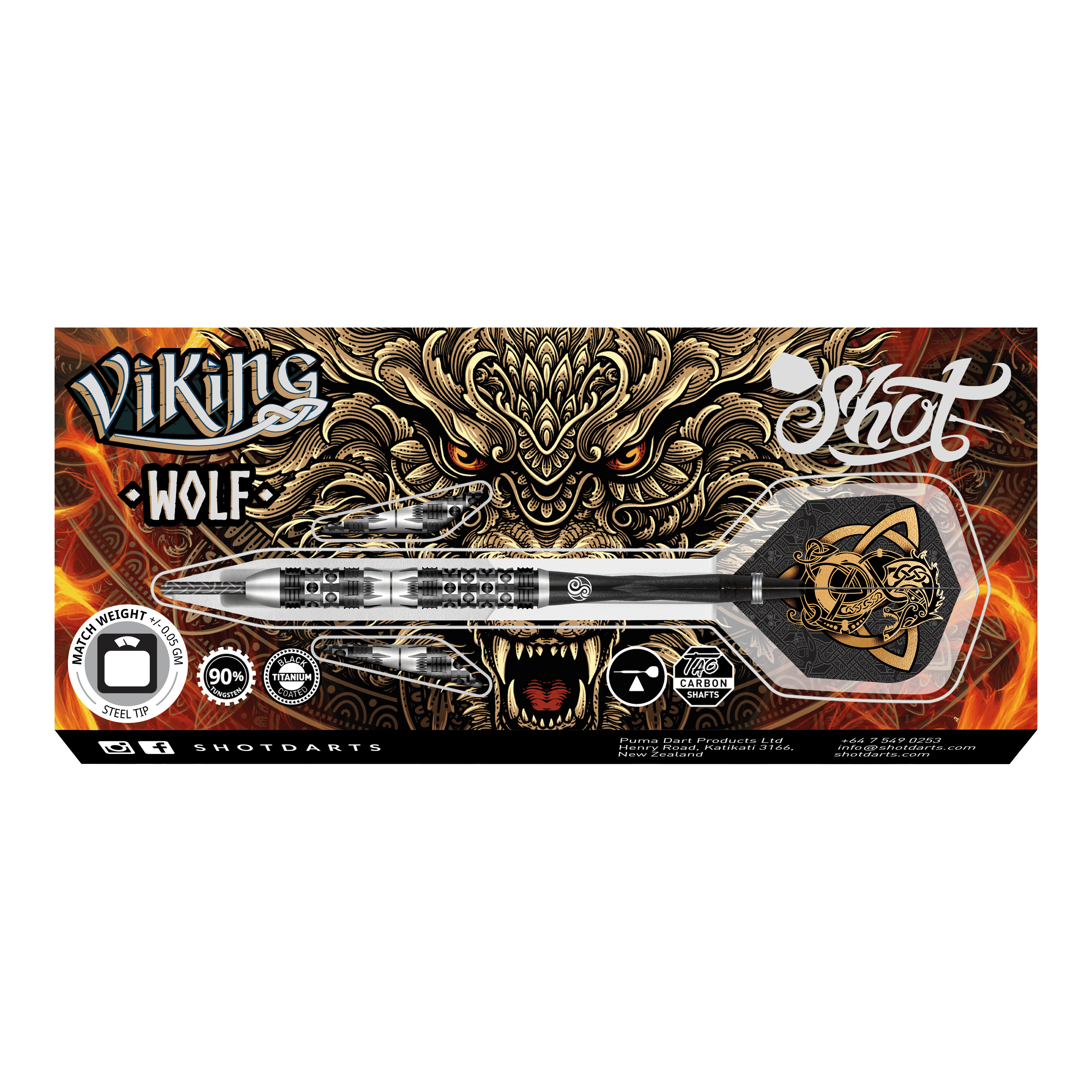 Das Bild zeigt die Verpackung der "Shot Viking Wolf Steeldarts" mit einem auffälligen Wolfsmotiv im Hintergrund. In der Mitte ist ein Steeldart mit silbernem Schaft und verziertem Flight abgebildet.
