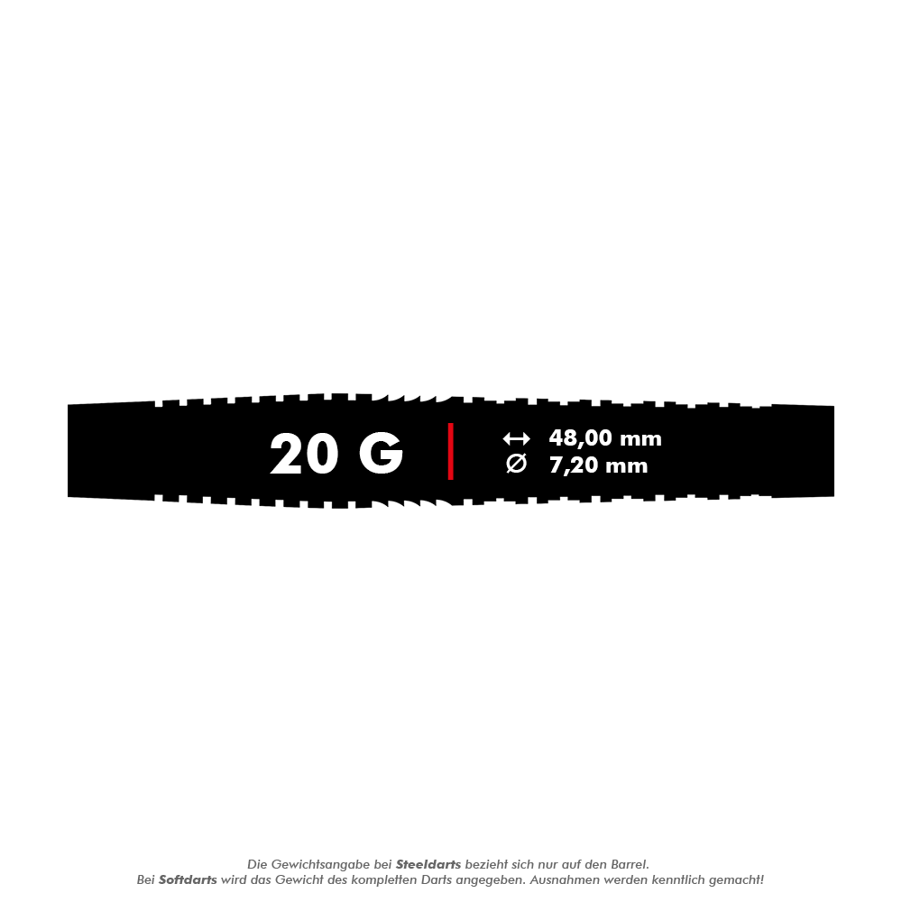 Mission Makara M2 Softdarts - 20g Das Bild zeigt die Produktinformationen für die Mission Makara M2 Softdarts mit einem Gewicht von 20 Gramm. Die Länge beträgt 48,00 mm und der Durchmesser 7,20 mm.