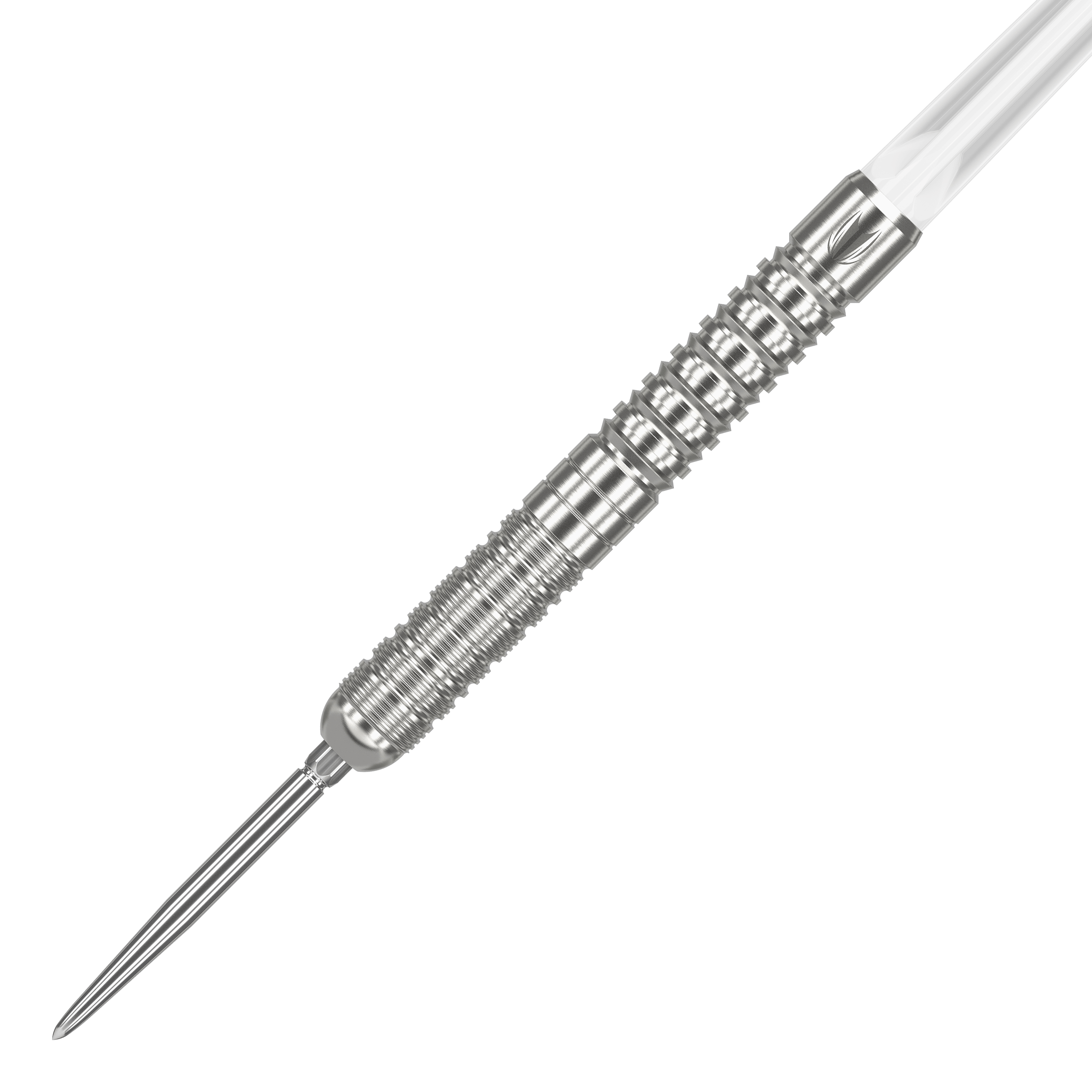 Dieses Bild zeigt einen silbernen Steeldart mit einem präzise gearbeiteten, geriffelten Griff. Es handelt sich um das Modell "Target Japan Crux Honor Swiss Point Steeldarts - 23g".