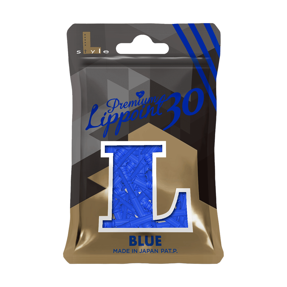 Auf dem Bild ist eine Packung mit 30 blauen Softdartspitzen der Marke "L-Style Premium Lippoints" zu sehen. Die Verpackung ist überwiegend schwarz und gold, mit einem großen blauen "L" und der Aufschrift "BLUE" darauf.