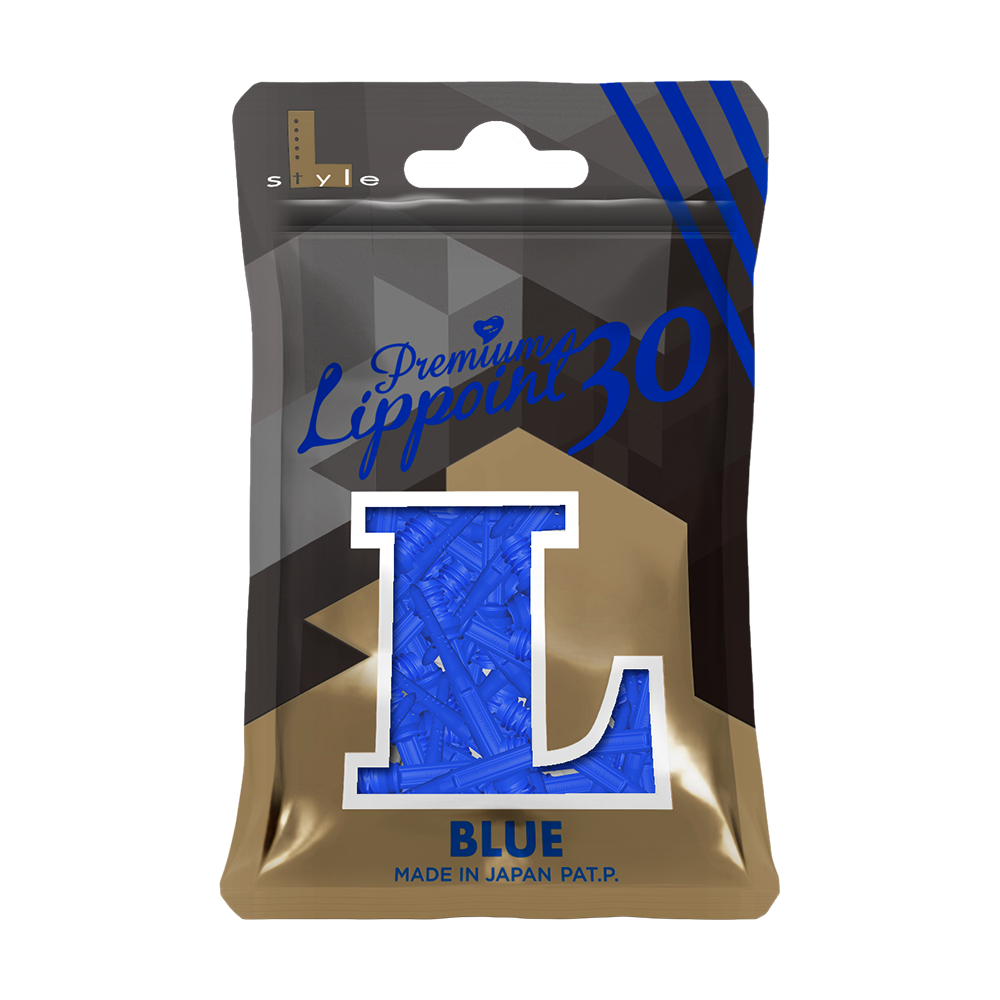 LIP44_L-Style_Premium_Lippoints_30_Softdartspitzen_30erPack_Blau_3 Auf dem Bild ist eine Packung mit 30 blauen Softdartspitzen der Marke "L-Style Premium Lippoints" zu sehen. Die Verpackung ist überwiegend schwarz und gold, mit einem großen blauen "L" und der Aufschrift "BLUE" darauf.