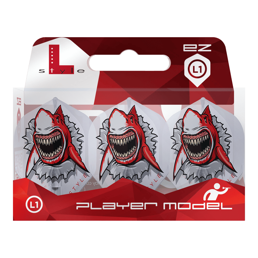 Das Bild zeigt eine Packung „L-Style Florian Hempel Clear White Signature Champagne L1EZ Flights“. Auf den Flights ist ein aggressiver Hai mit offenem Maul und roten Akzenten abgebildet.