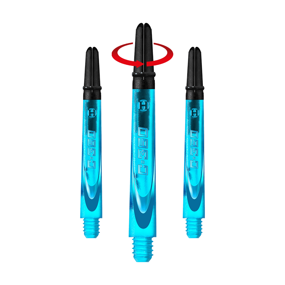 HR445_Harrows_Carbon_360_Shafts_Aqua_49mm_1-_Symbol Das Bild zeigt drei blaue Dartschaft-Teile mit schwarzer Spitze. In der Mitte befindet sich ein roter Pfeil, der eine Drehbewegung anzeigt.
