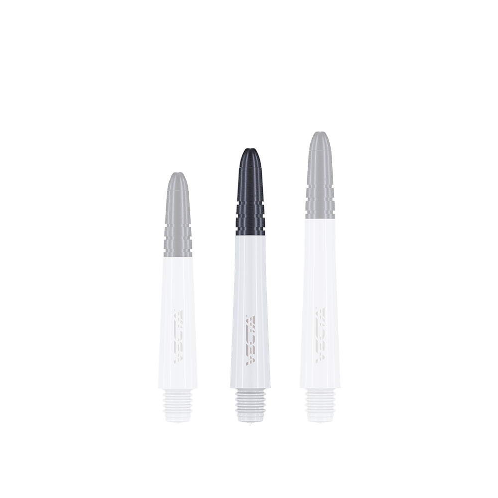 7025-402_Winmau_Vecta_Shafts_Weiss_37mm_1 Das Bild zeigt drei weiße Dartschäfte mit schwarzem Spitzenende. Sie stehen nebeneinander auf weißem Hintergrund.