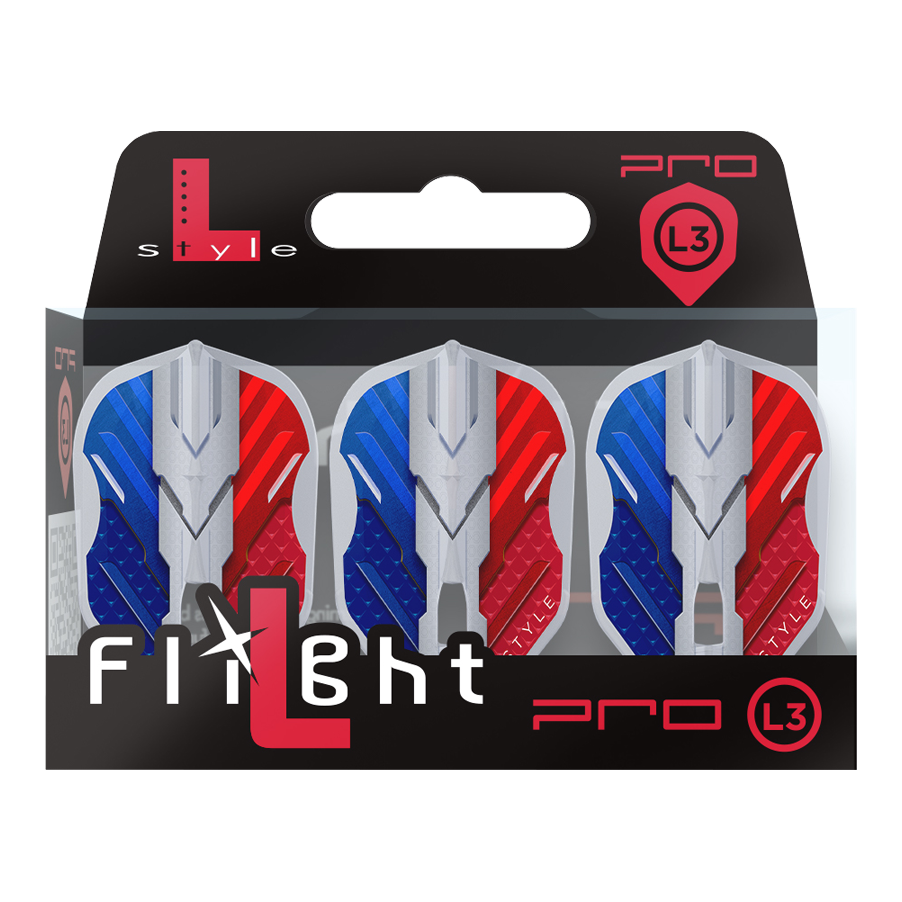 Das Bild zeigt eine Verpackung mit drei Dartflights der Marke L-Style in den Farben Blau, Weiß und Rot. Auf der Verpackung steht "Flight L Pro L3", und die Flights haben ein modernes, kantiges Design.