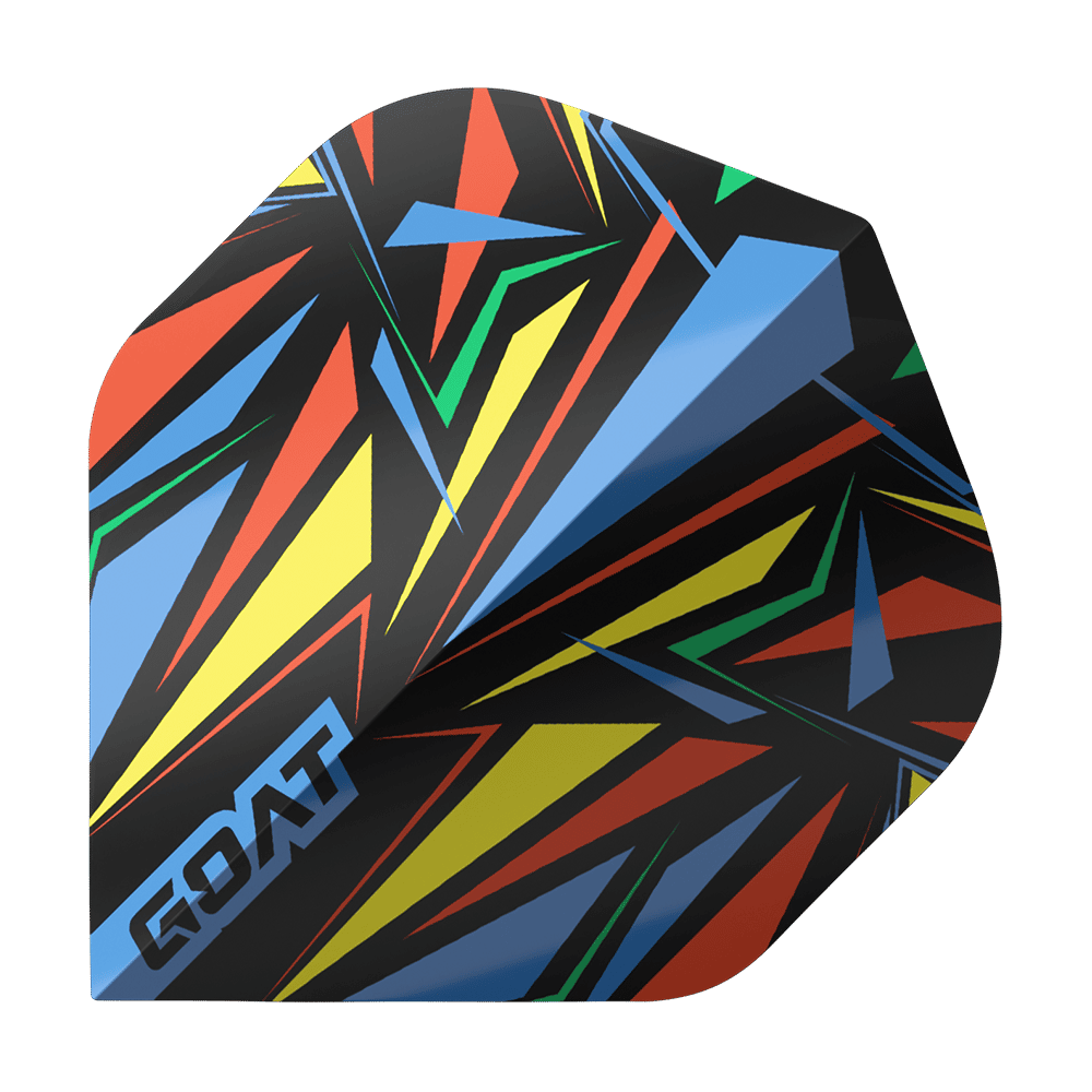 Dieses Bild zeigt ein Dart-Flight mit einem bunten, geometrischen Muster in Blau, Gelb, Rot und Grün. Auf dem Flight steht das Wort "GOAT" in blauen Buchstaben.