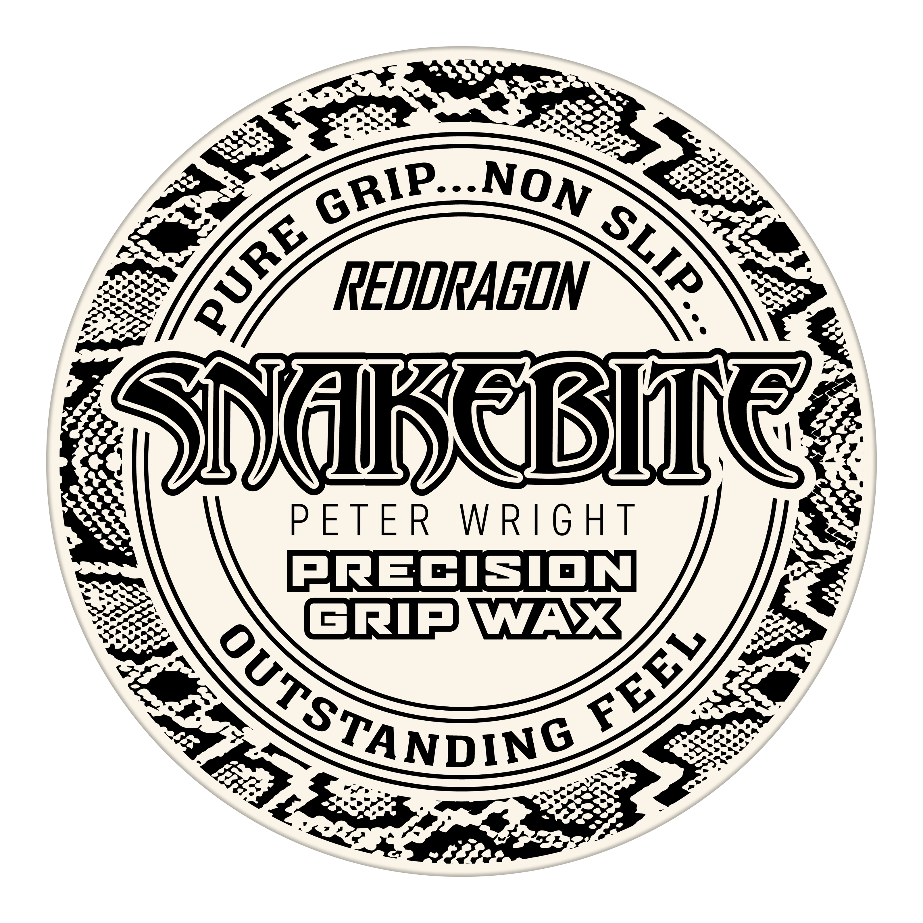 Das Bild zeigt das Produkt "Red Dragon Peter Wright Snakebite Precision Grip Wax". Auf der Verpackung steht, dass es für einen sicheren Halt und ein herausragendes Griffgefühl sorgt.