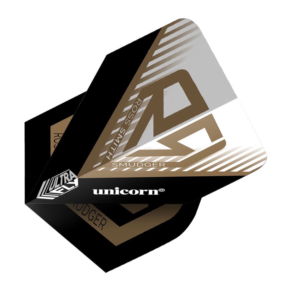 Das Bild zeigt die Unicorn Ultrafly 100 Ross Smith Plus Flights mit einem modernen Design in Schwarz, Gold und Weiß. Auf der Flight-Oberfläche sind die Wörter "Ross Smith", "Unicorn" und "Smudger" zu sehen.
