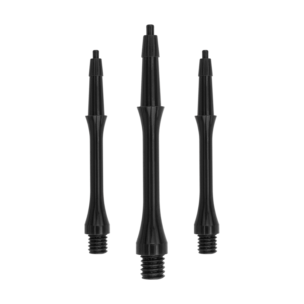Das Bild zeigt drei schwarze Harrows Clic Slim Shafts für Dartpfeile. Die Shafts sind schlank und aus robustem Material gefertigt.