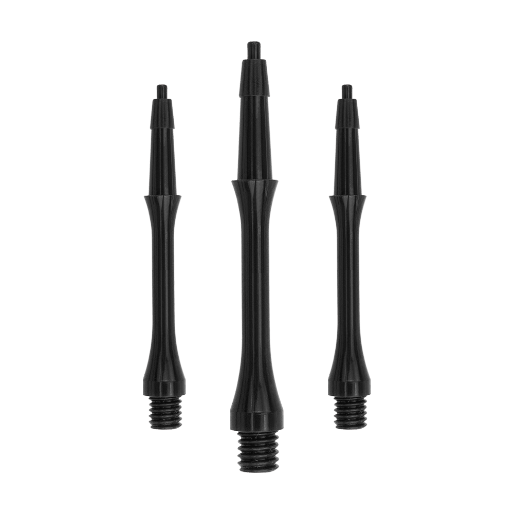 HRC-12602_Harrows_Clic_Slim_Shafts_Black_23mm_1HX3hrRgn7eKSK Das Bild zeigt drei schwarze Harrows Clic Slim Shafts für Dartpfeile. Die Shafts sind schlank und aus robustem Material gefertigt.