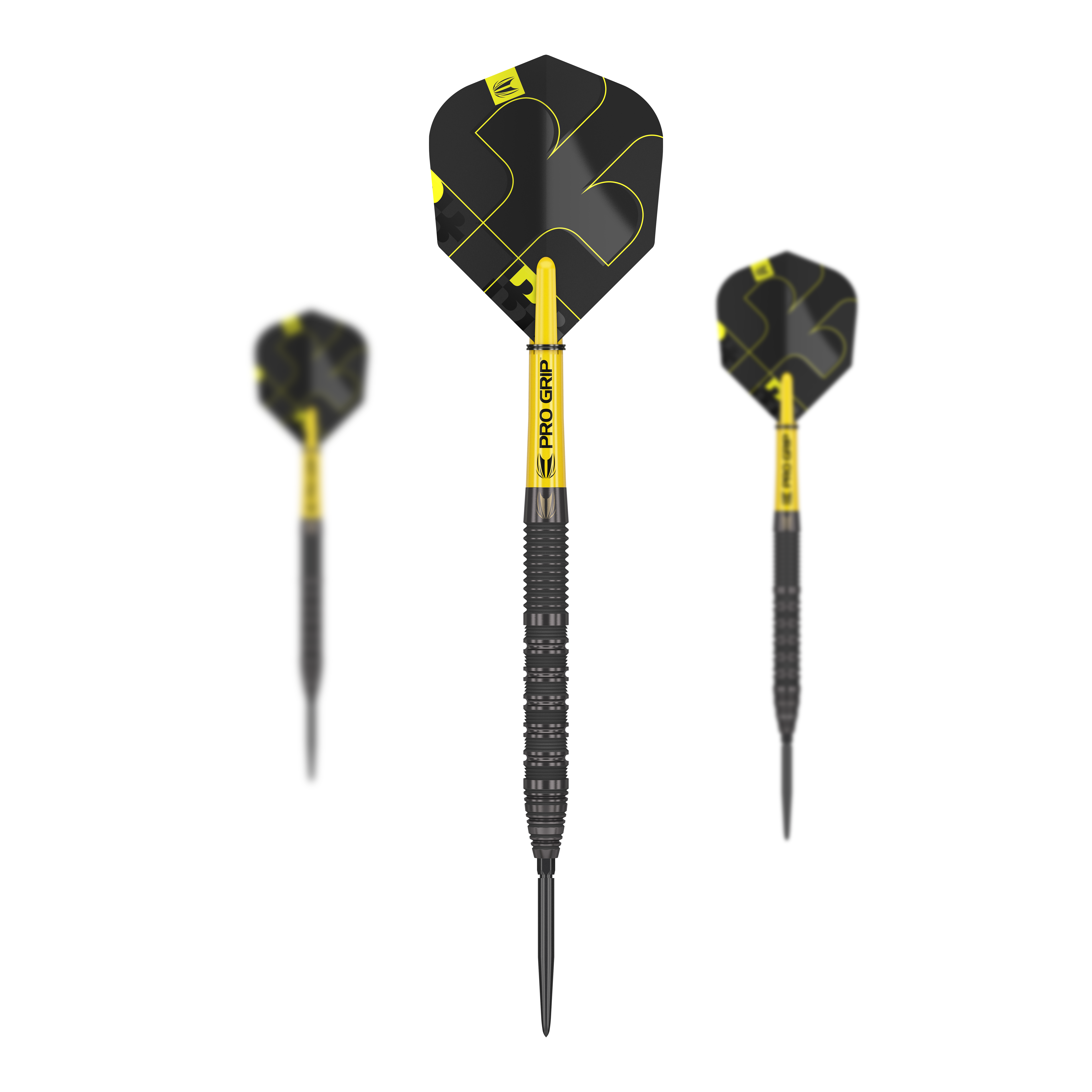 Das Bild zeigt drei Steeldarts des Produkts "Target Bolide Void 01 Swiss Point". Die Darts sind in Schwarz und Gelb gehalten und haben einen modernen, sportlichen Look.