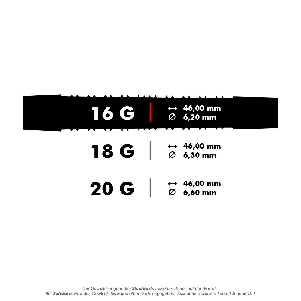 Harrows Supergrip Black-Edition Softdarts Das Bild zeigt drei verschiedene Gewichtsklassen von Darts: 16g, 18g und 20g, jeweils mit den entsprechenden Längen und Durchmessern. Die Länge beträgt bei allen Varianten 46,00 mm, während die Durchmesser je nach Gewicht variieren.