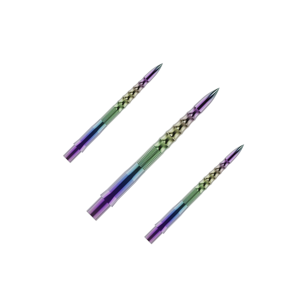 Mission Caliburn EVO Dartspitzen - Ripple - Coral Auf dem Bild sind drei bunte Steeldartspitzen zu sehen. Sie haben ein metallisch glänzendes, geripptes Design in verschiedenen Farben.