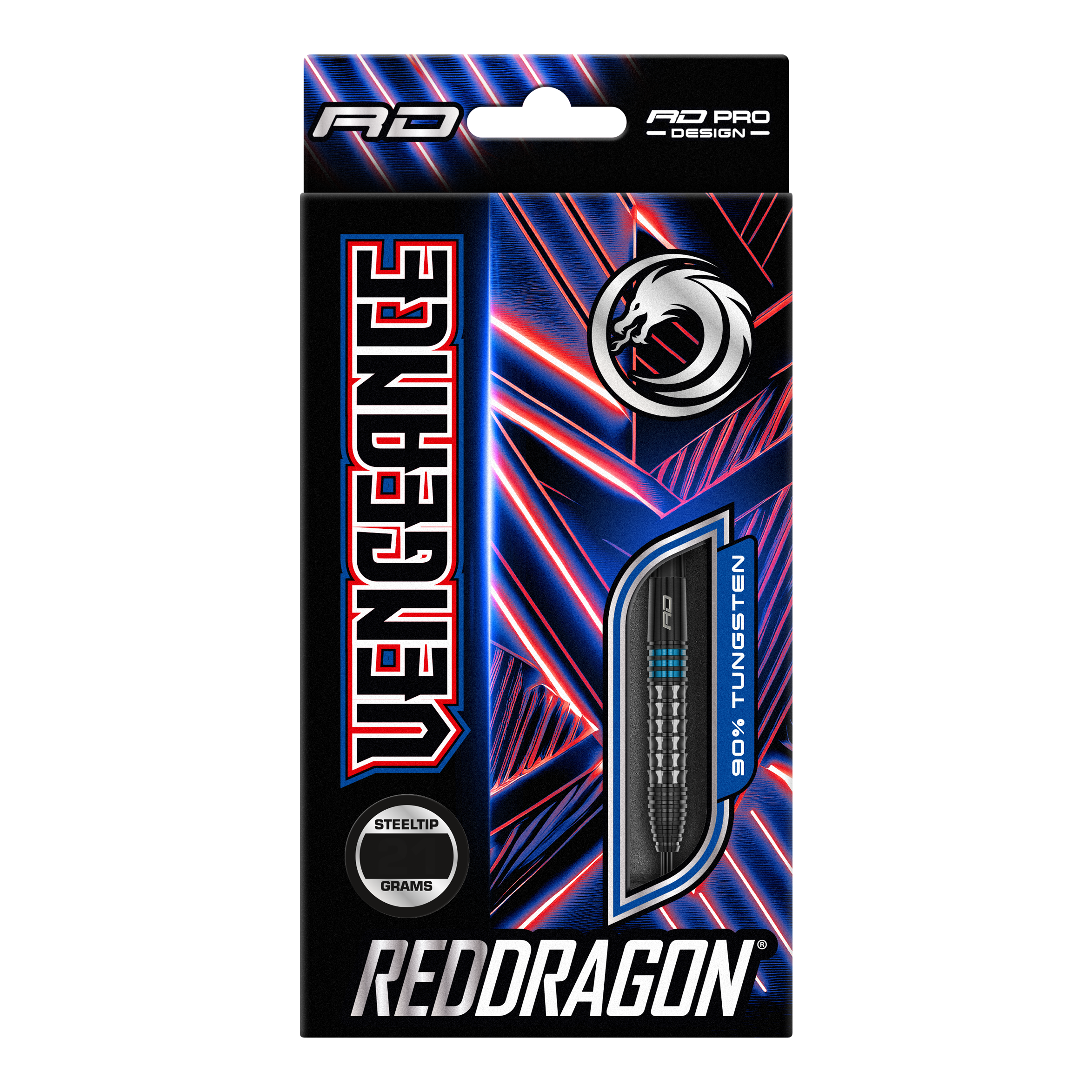 Red Dragon Vengeance Blue Steeldarts Auf dem Bild ist die Verpackung der "Red Dragon Vengeance Blue Steeldarts" zu sehen. Die Schachtel ist schwarz mit blauen und roten Akzenten und zeigt einen Dartpfeil mit dem Hinweis auf 90% Tungsten.