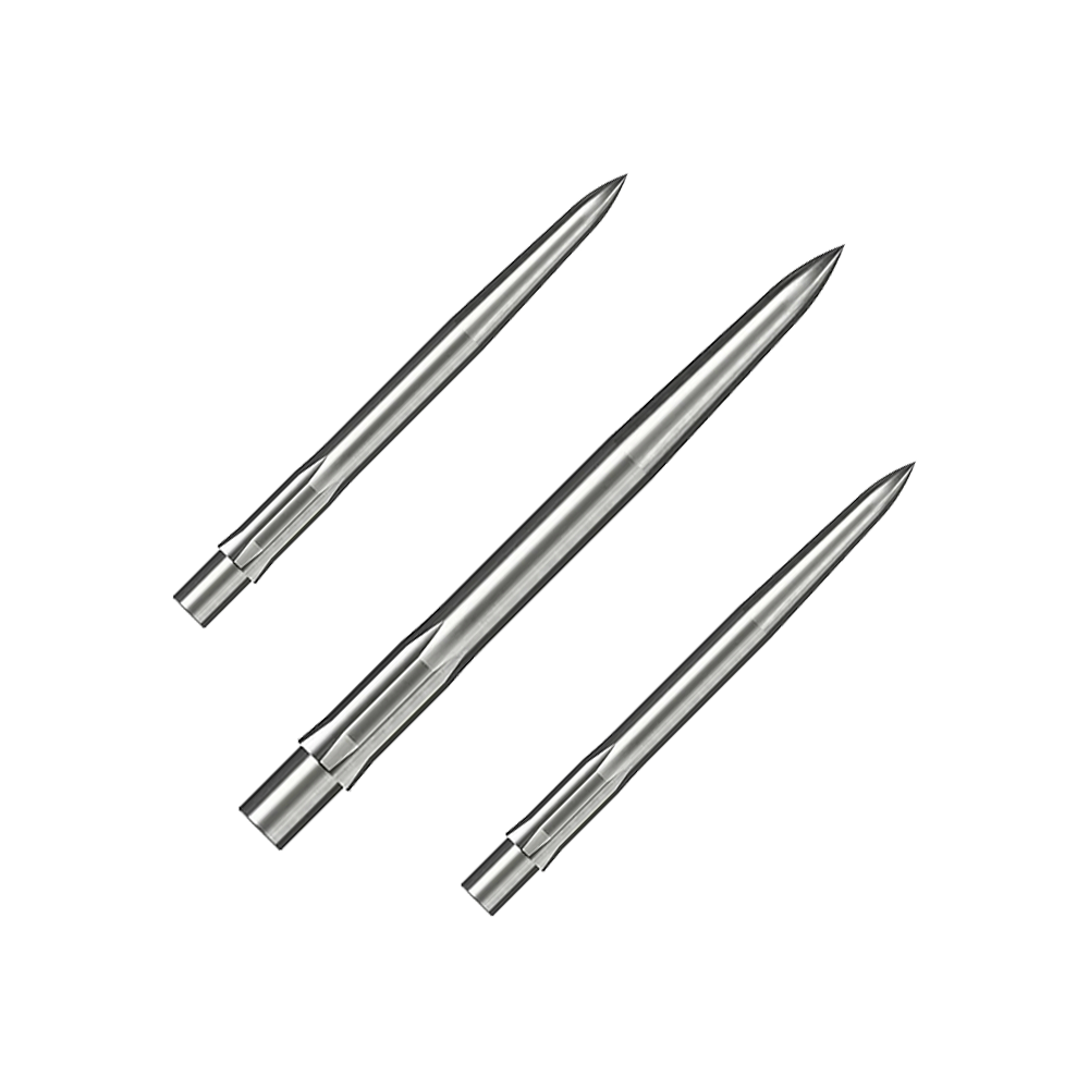 Caliburn System Steeldartspitzen - Smooth - Silber Das Bild zeigt drei silberne, glatte Steeldartspitzen. Sie liegen parallel nebeneinander auf weißem Hintergrund.