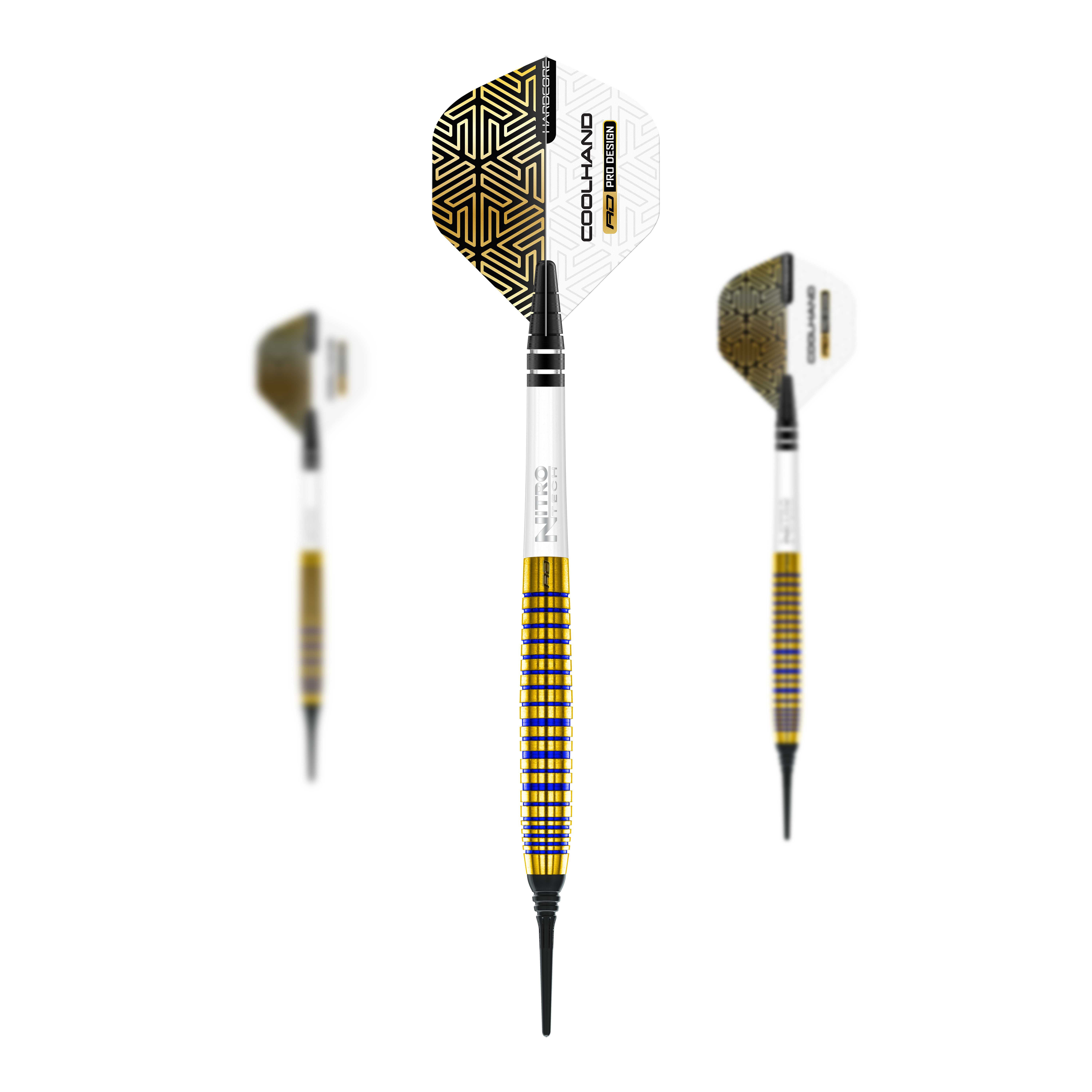 Auf dem Bild sind drei Softdarts des Modells "Red Dragon Luke Humphries TX3 Gold SE" mit einem Gewicht von 20g zu sehen. Die Darts haben goldene und weiße Designelemente mit schwarzen Spitzen und auffälligen Flights.