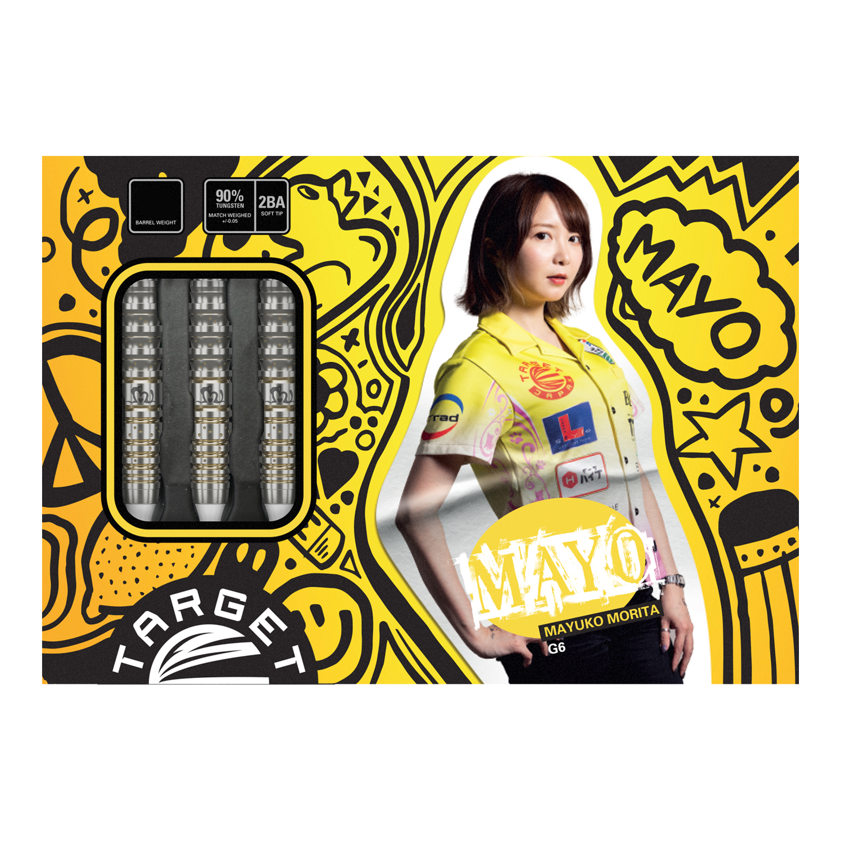 Die Verpackung zeigt die "Target Japan Prime Series Mayuko Morita GEN6 Softdarts - 18g". Links sind die Darts zu sehen, rechts ist ein Bild von Mayuko Morita mit buntem Hintergrund.