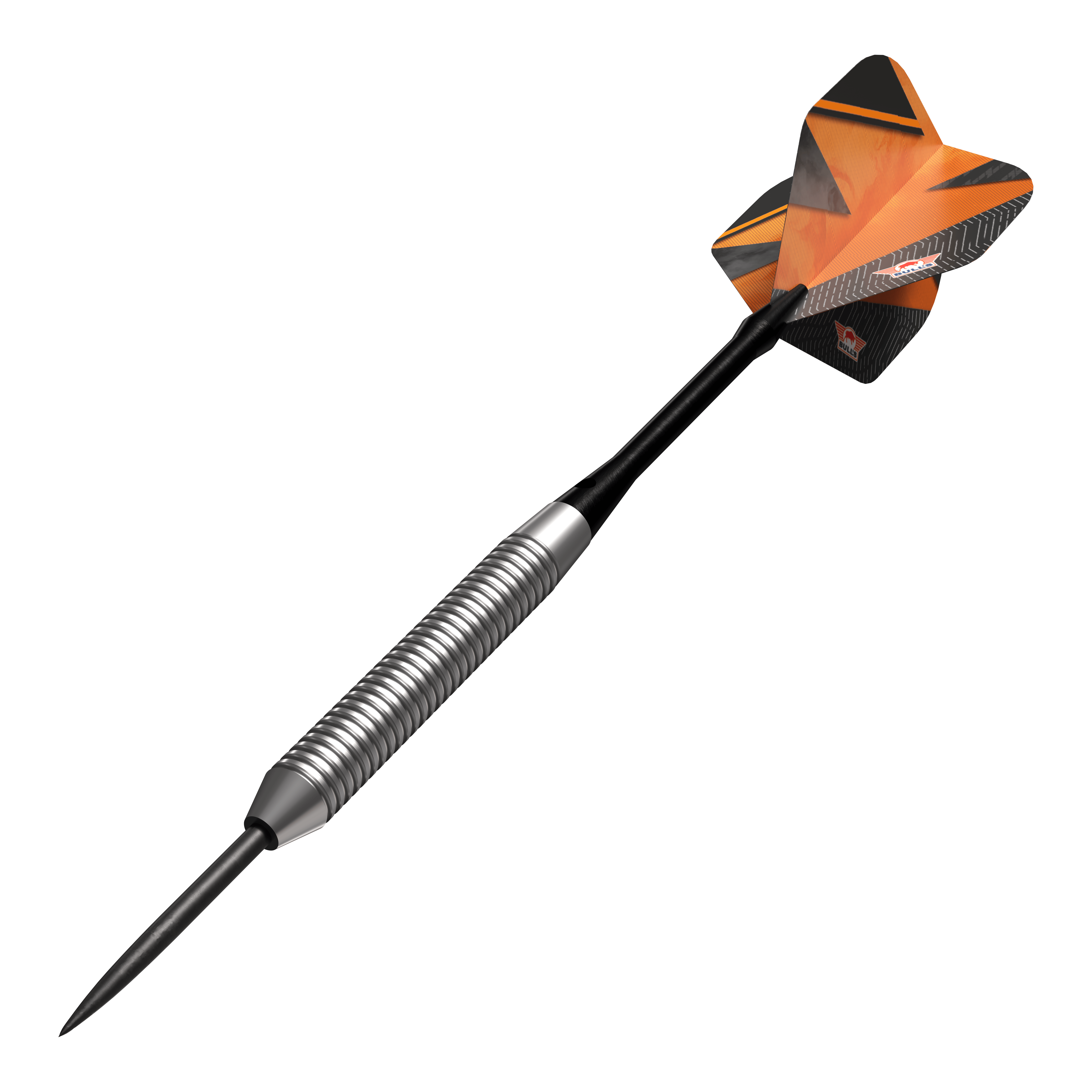 Bulls NL Lightning Orange Steeldarts Das Bild zeigt einen Bulls NL Lightning Orange Steeldart. Der Dart hat einen silbernen, gerillten Schaft und orangene Flights mit schwarzen Akzenten.