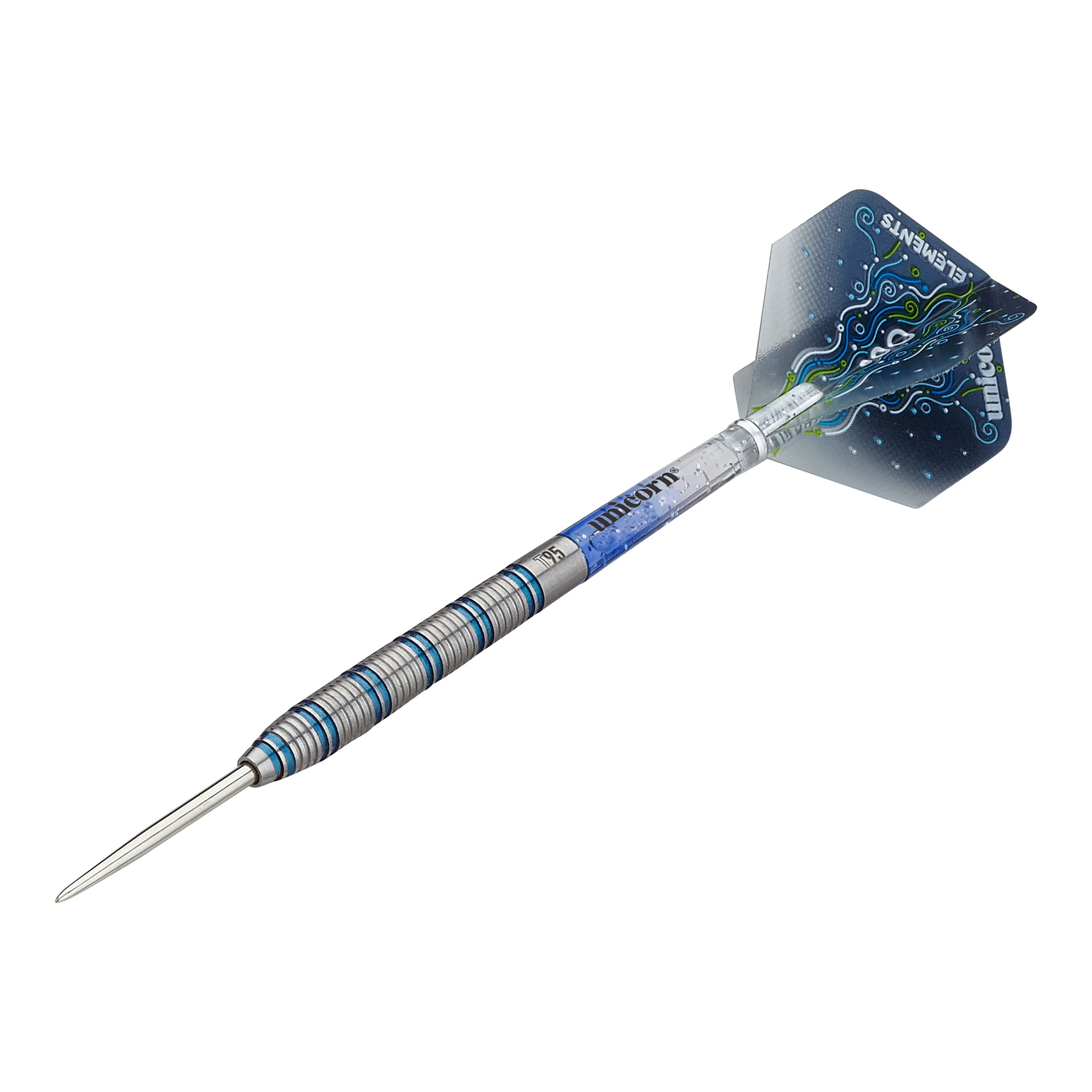 Dies ist ein Steeldart der Marke Unicorn, Modell T95 Core XL Blue Style 1. Der Dart hat silberne und blaue Akzente sowie ein auffälliges, gemustertes Flight-Design.
