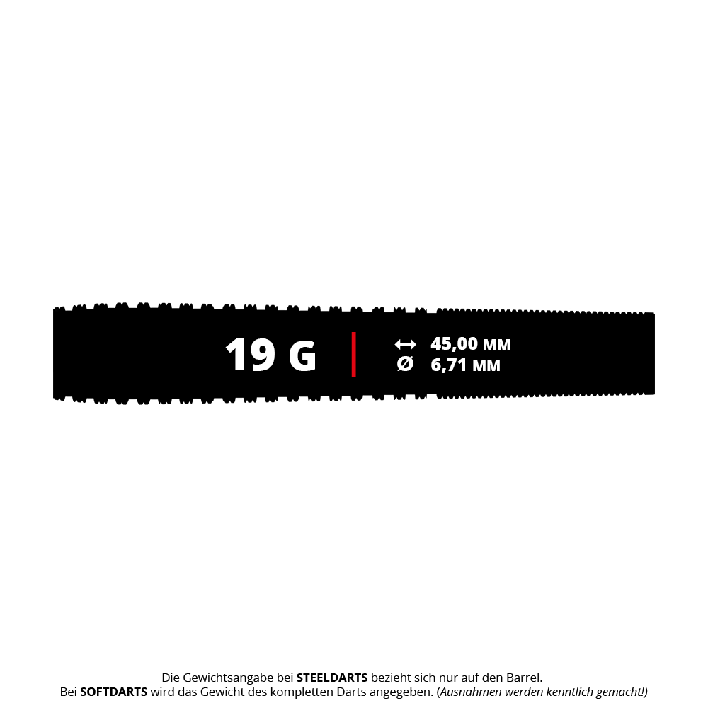 Bulls NL Romeo Grbavac Softdarts- 19g Das Bild zeigt die Produktinformationen für Bulls NL Romeo Grbavac Softdarts mit einem Gewicht von 19 Gramm. Die Darts haben eine Länge von 45,00 mm und einen Durchmesser von 6,71 mm.