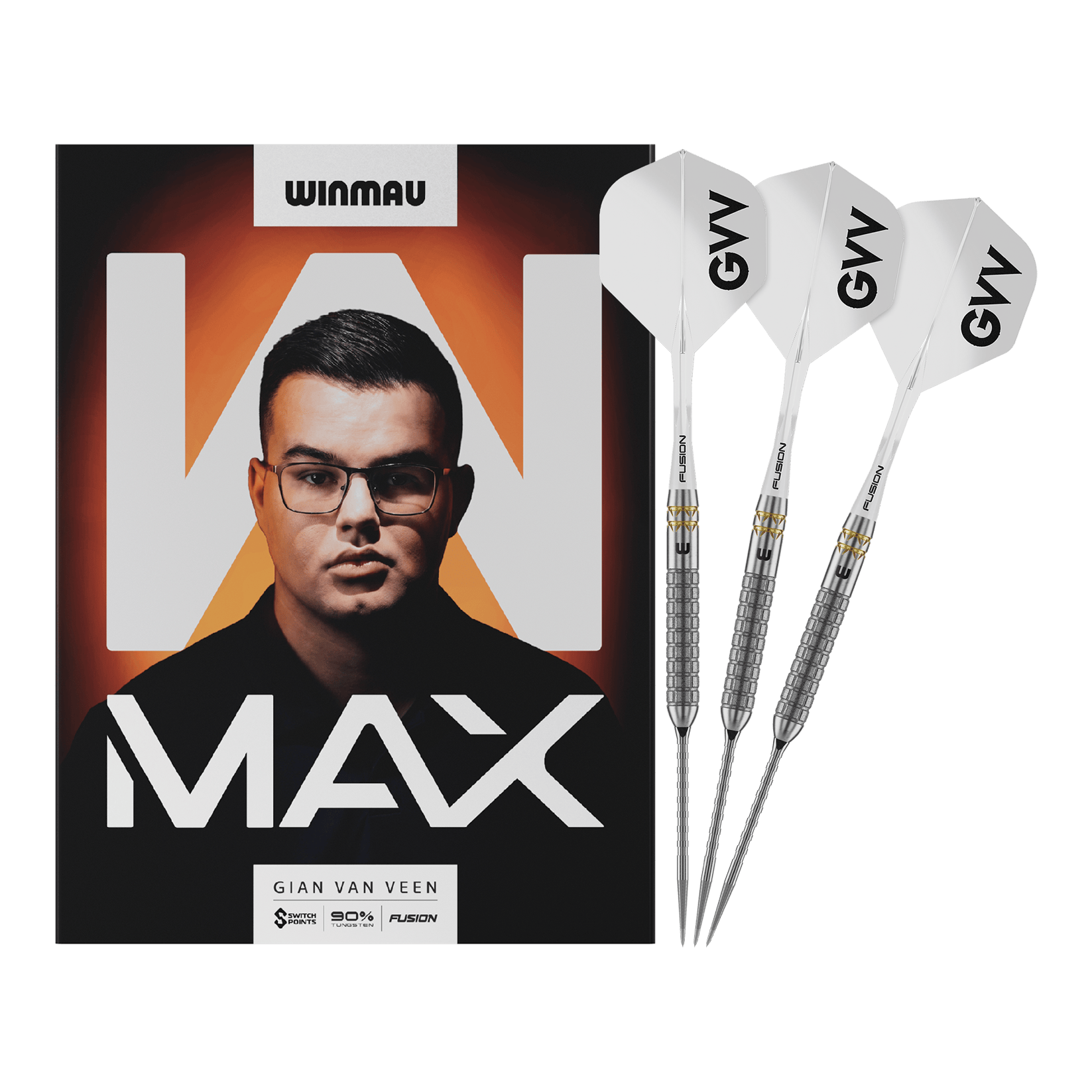 Winmau Gian Van Veen W-MAX Switch Point Steeldarts Das Bild zeigt Winmau Gian Van Veen W-MAX Switch Point Steeldarts in voller Länge. Alle Details des Darts sind sichtbar.