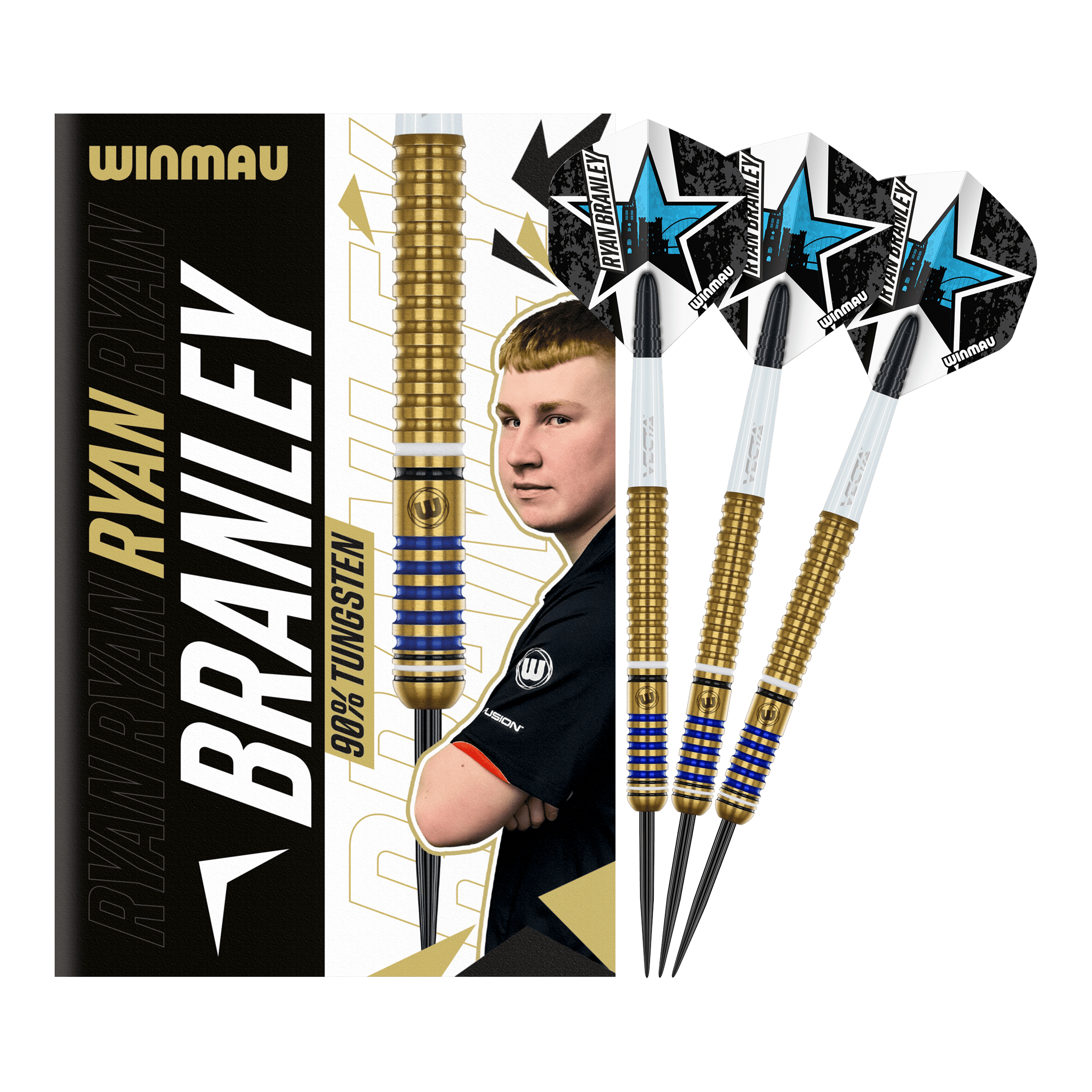 Winmau Ryan Branley Steeldarts - 23g Das Bild zeigt die Winmau Ryan Branley Steeldarts mit einem Gewicht von 23 Gramm. Die Darts sind goldfarben mit blauen Ringen und werden zusammen mit einer Verpackung präsentiert, auf der ein Porträt von Ryan Branley abgebildet ist.