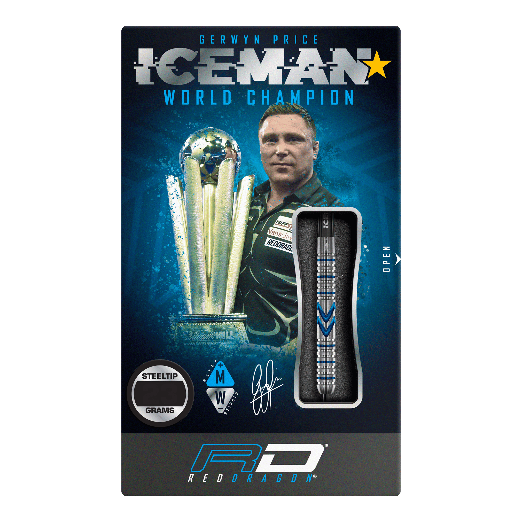 Das Bild zeigt die Verpackung der "Red Dragon Gerwyn Price Iceman Midnight Edition Steeldarts". Auf der Verpackung ist ein Bild von Gerwyn Price mit einem Pokal und einem Steel-Dart abgebildet.